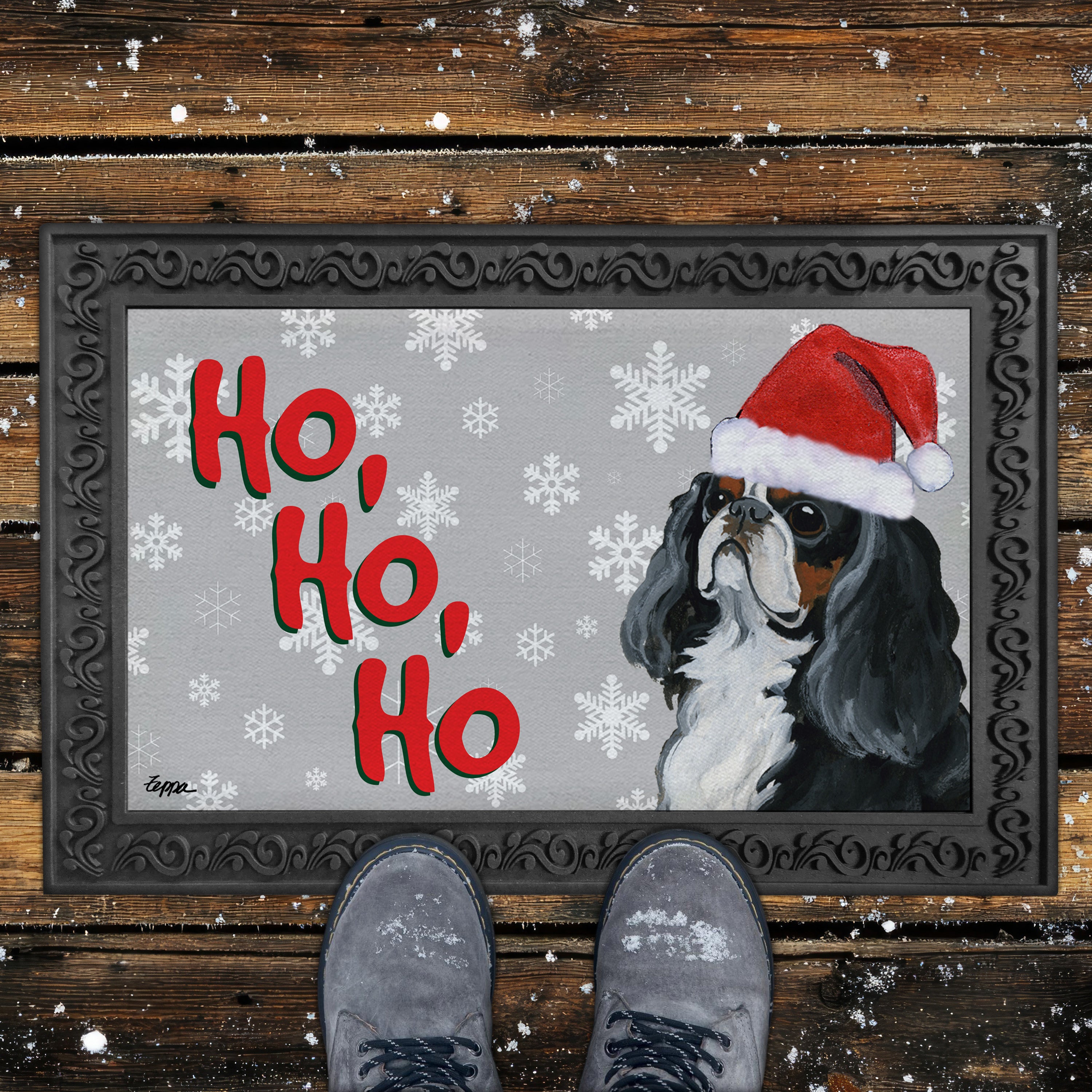 Tri Color English Toy Spaniel Ho Ho Ho Door Mat in Grey