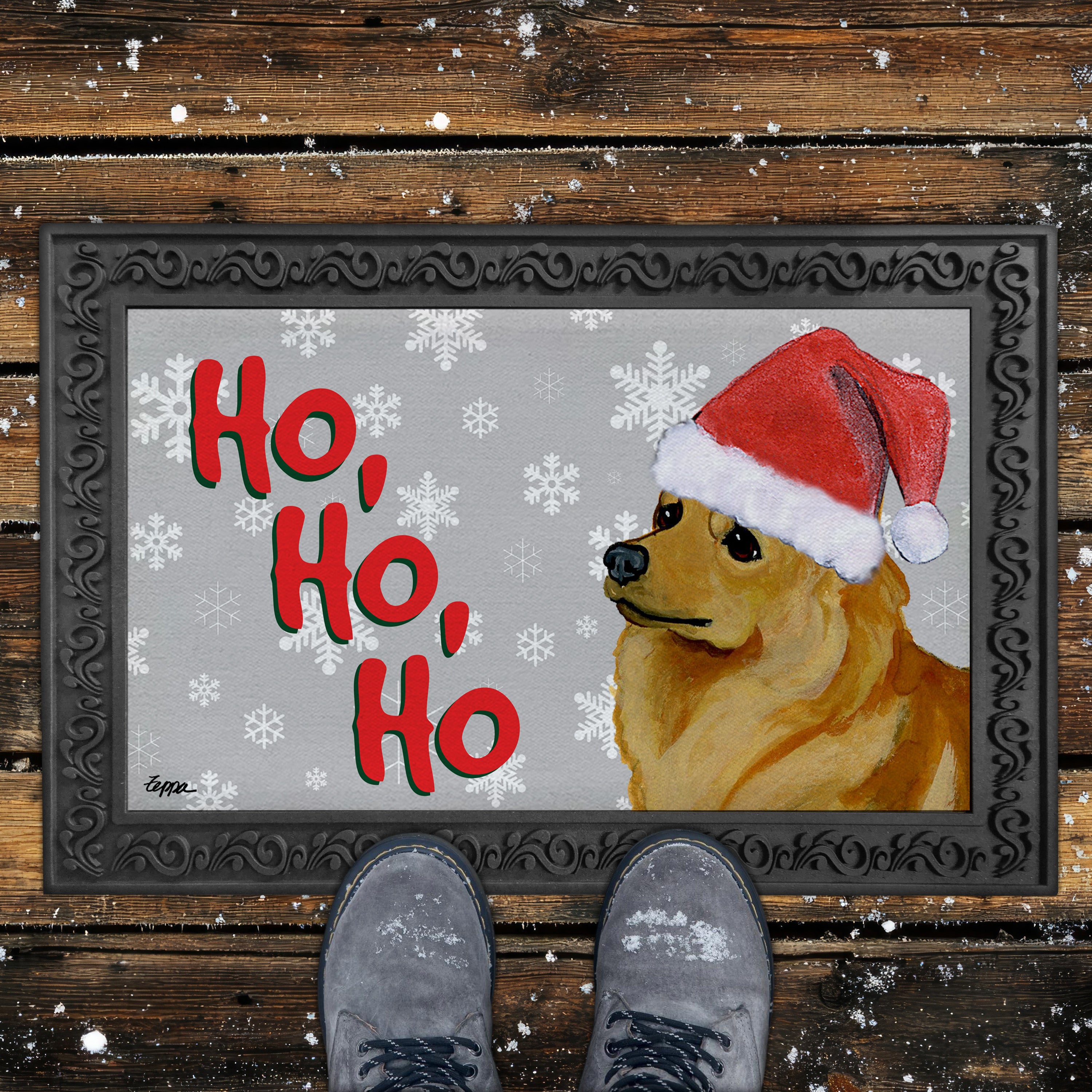 Finnish Spitz Ho Ho Ho Door Mat in Grey