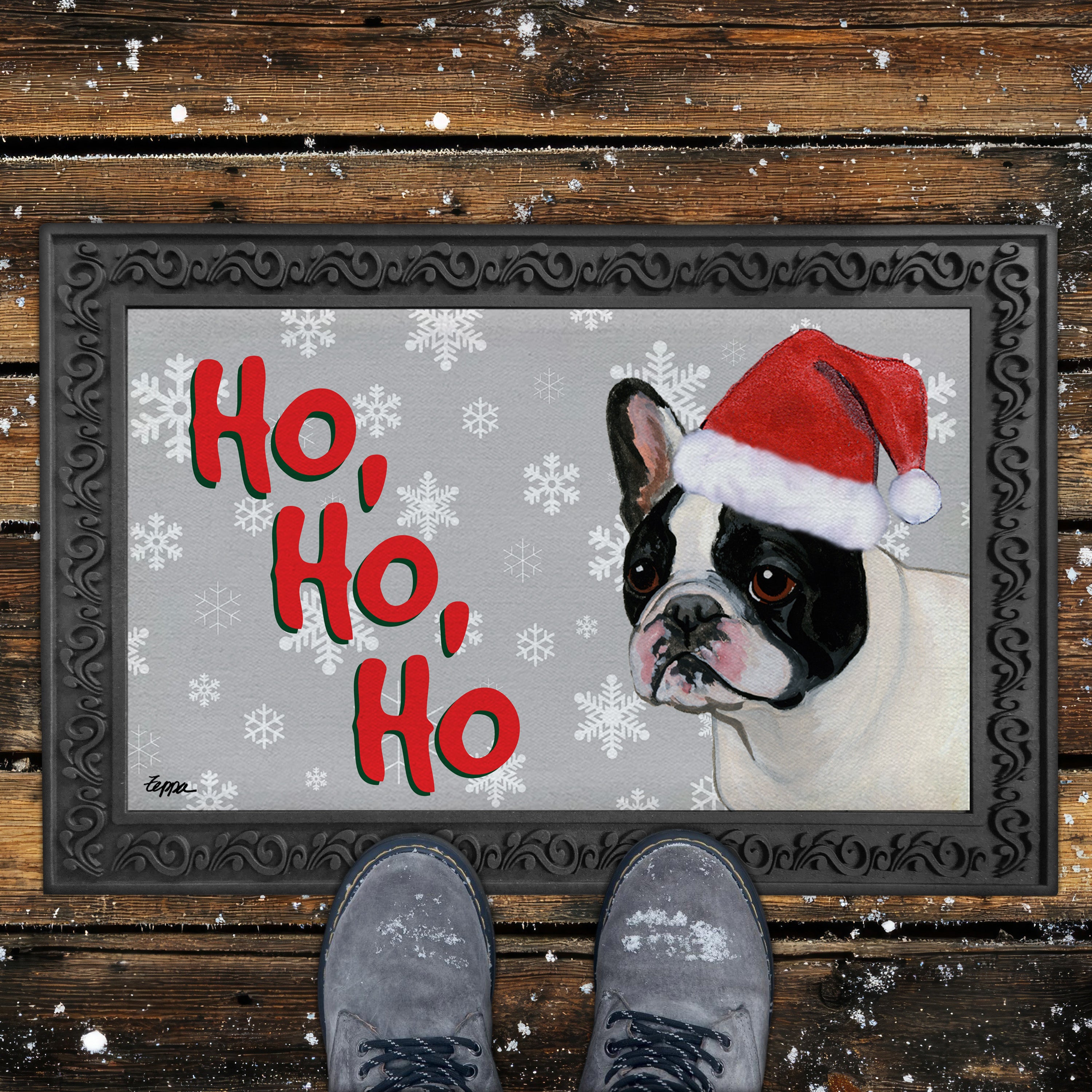 Black and White French Bulldog Ho Ho Ho Door Mat in Grey