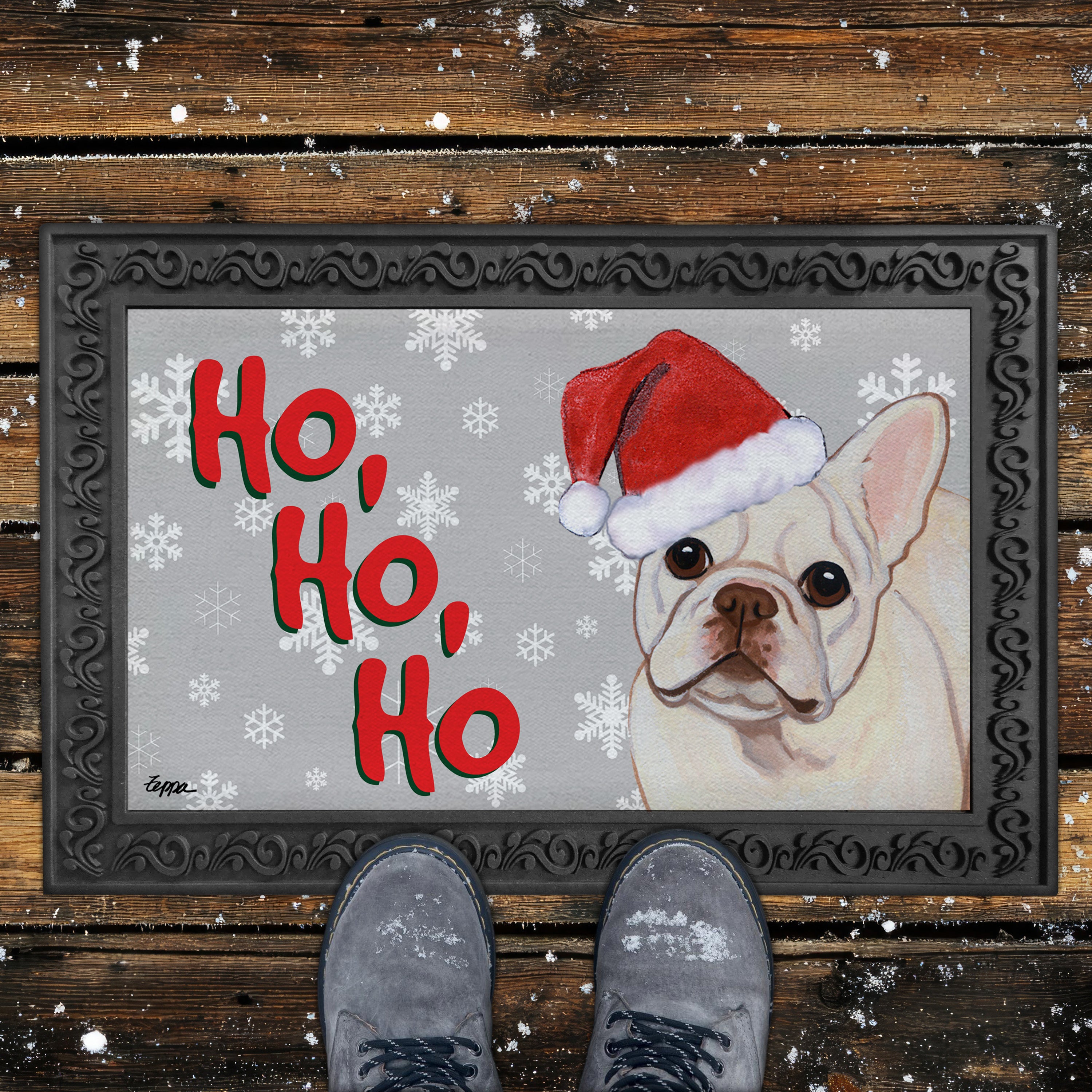 Cream French Bulldog Ho Ho Ho Door Mat in Grey
