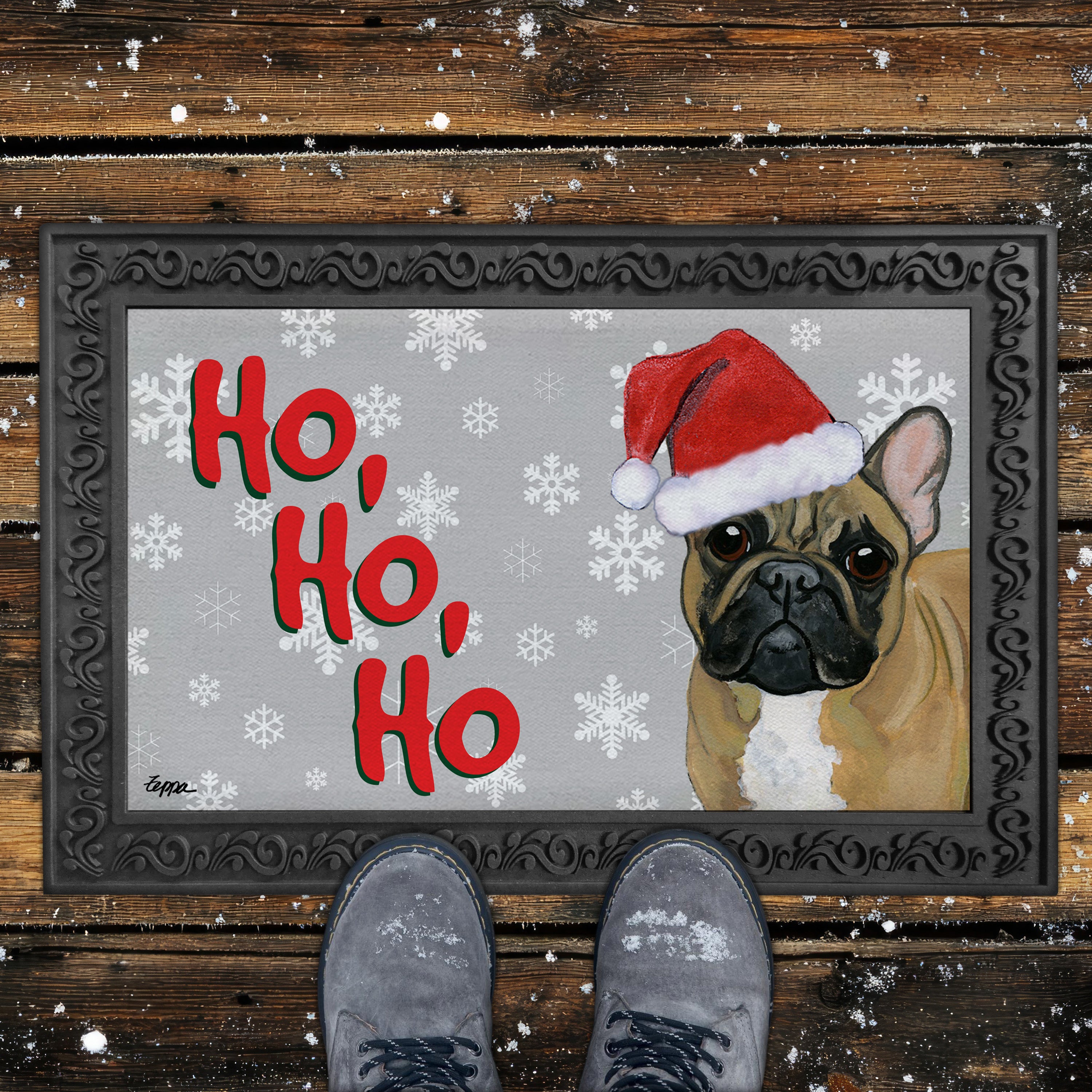 Fawn French Bulldog Ho Ho Ho Door Mat in Grey
