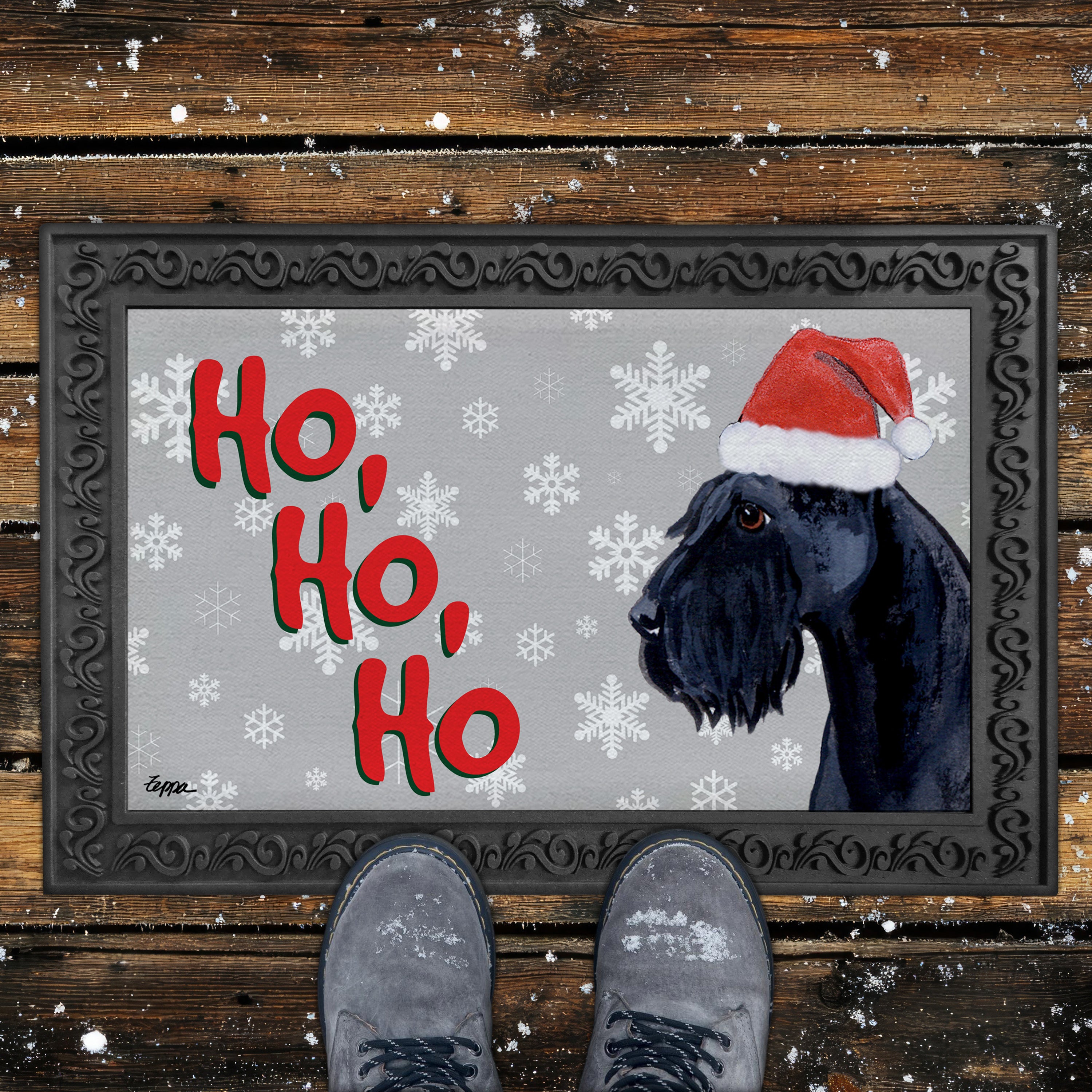 Giant Schnauzer Ho Ho Ho Door Mat in Grey