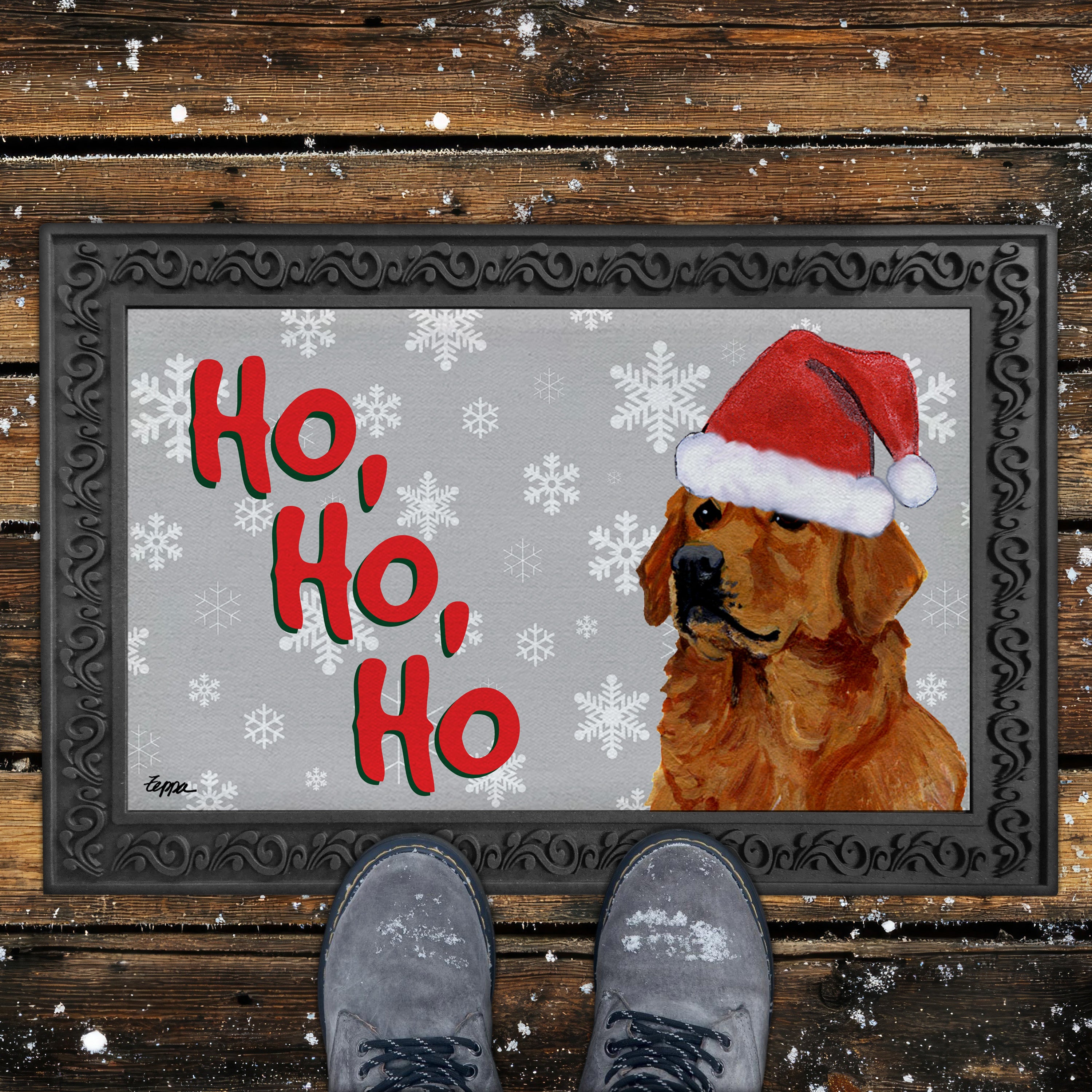 Red Golden Retriever Ho Ho Ho Door Mat in Grey