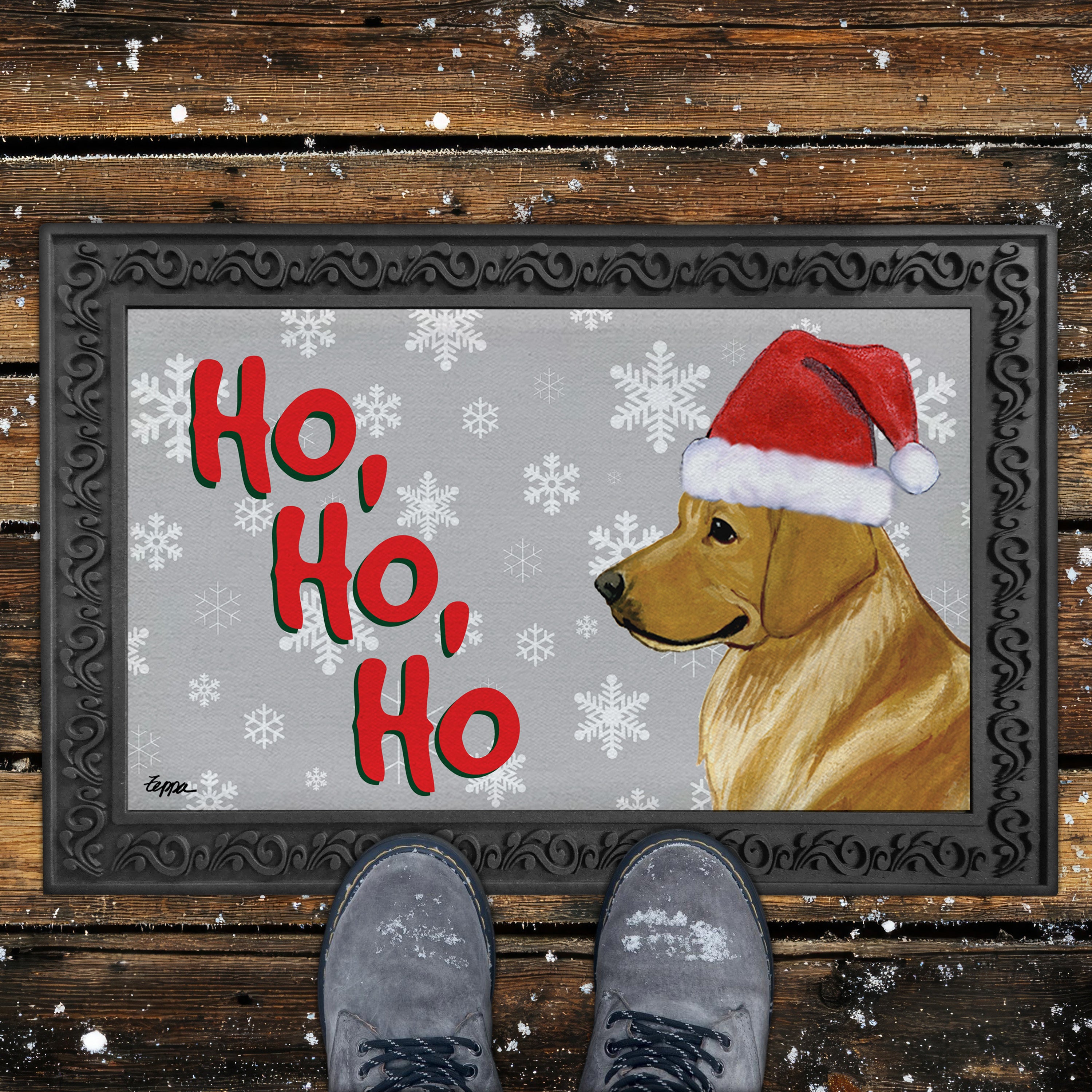 Standing Golden Retriever Ho Ho Ho Door Mat in Grey