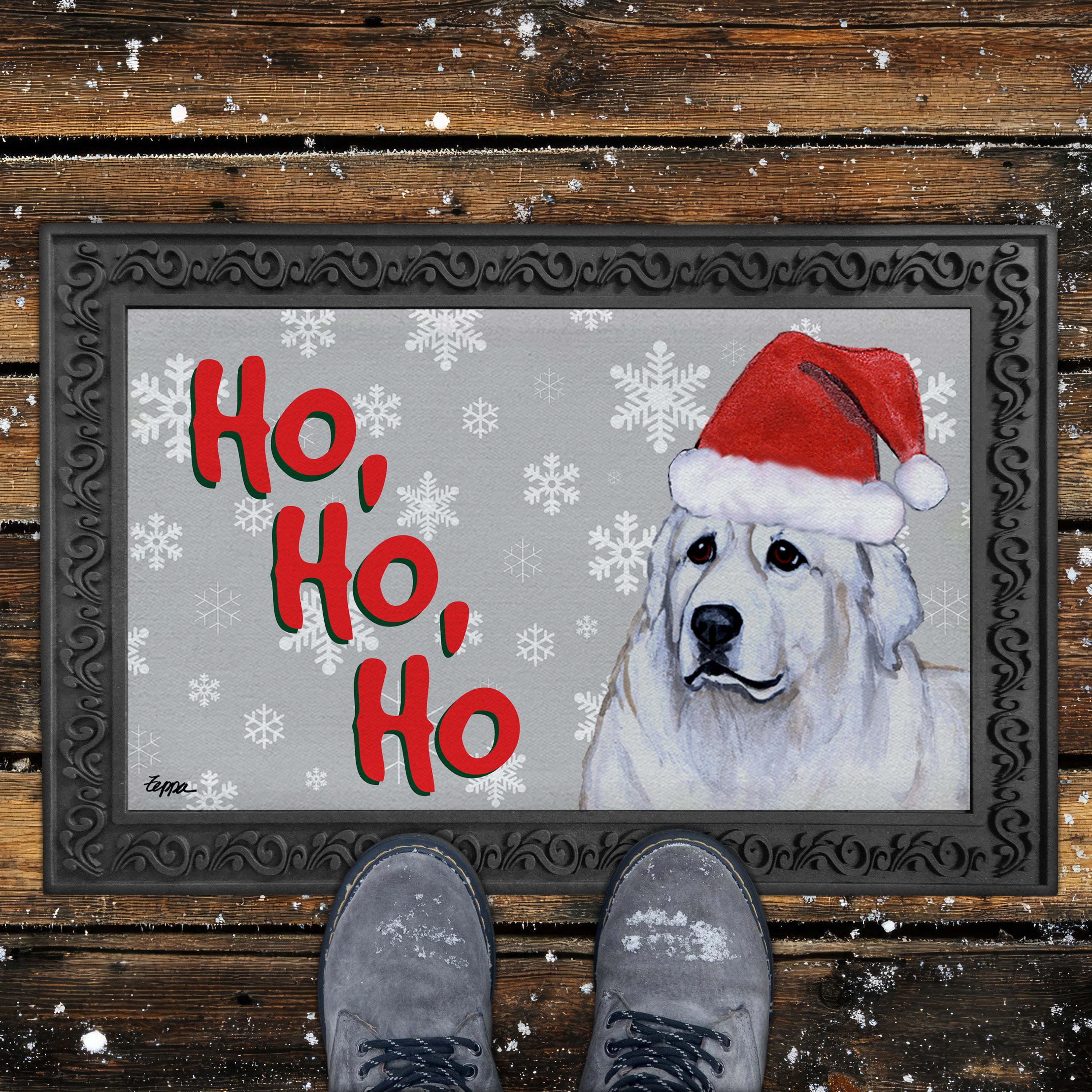 Great Pyrenees Ho Ho Ho Door Mat in Grey