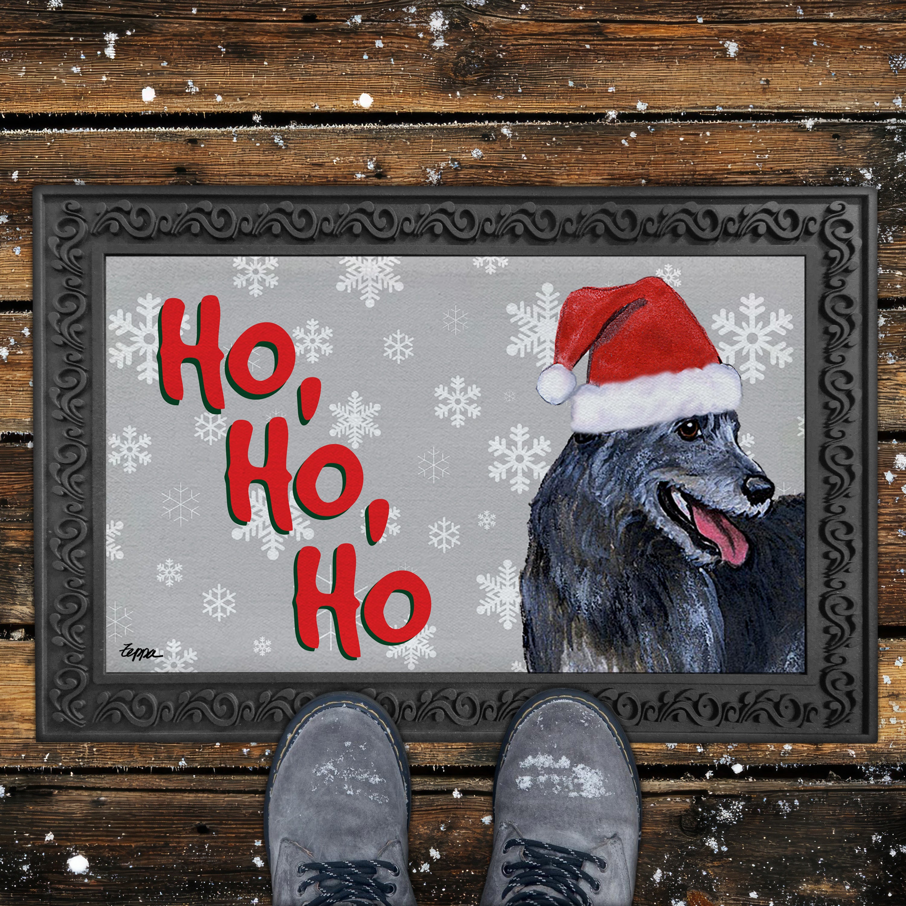 Irish Wolfhound Ho Ho Ho Door Mat in Grey