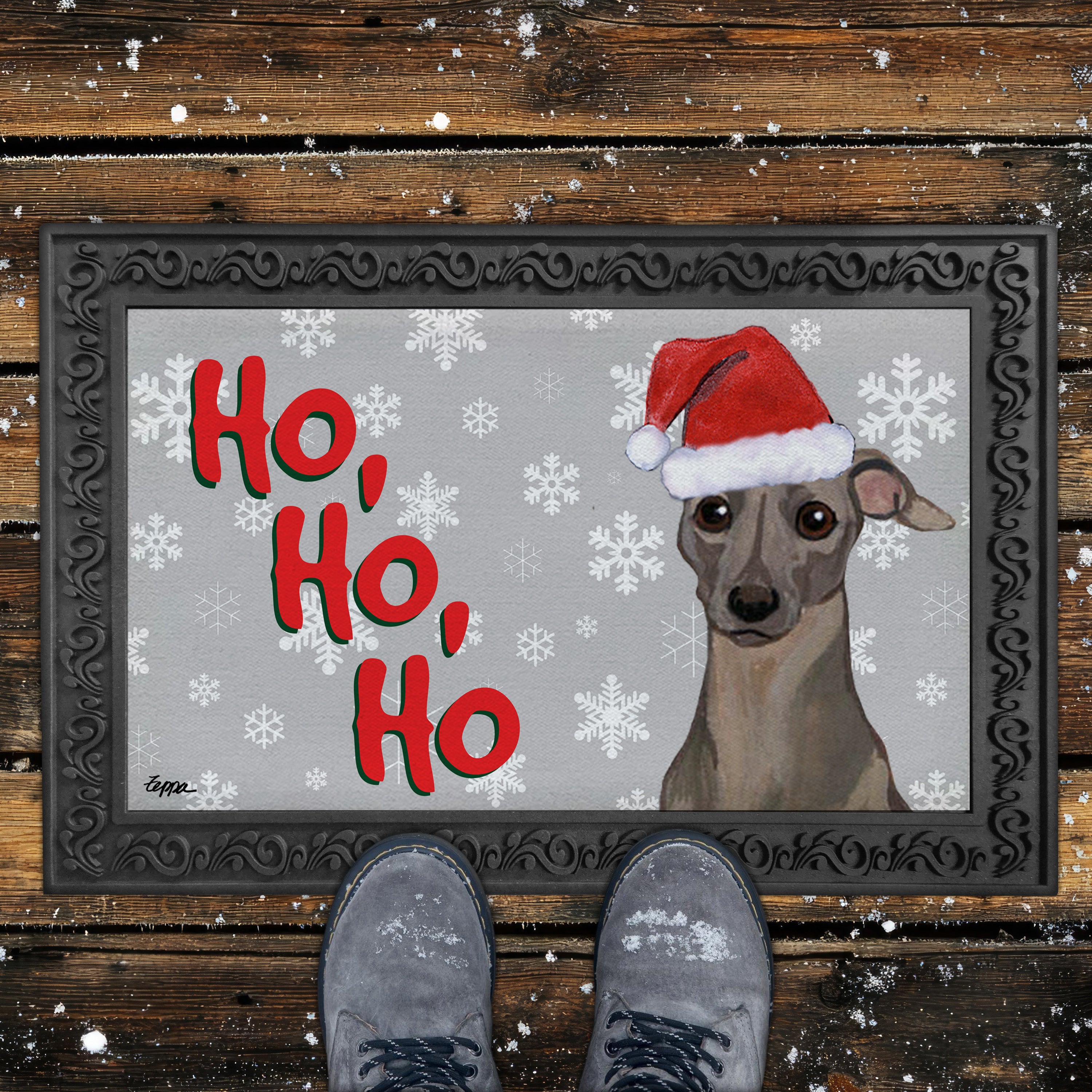 Italian Greyhound Ho Ho Ho Door Mat in Grey