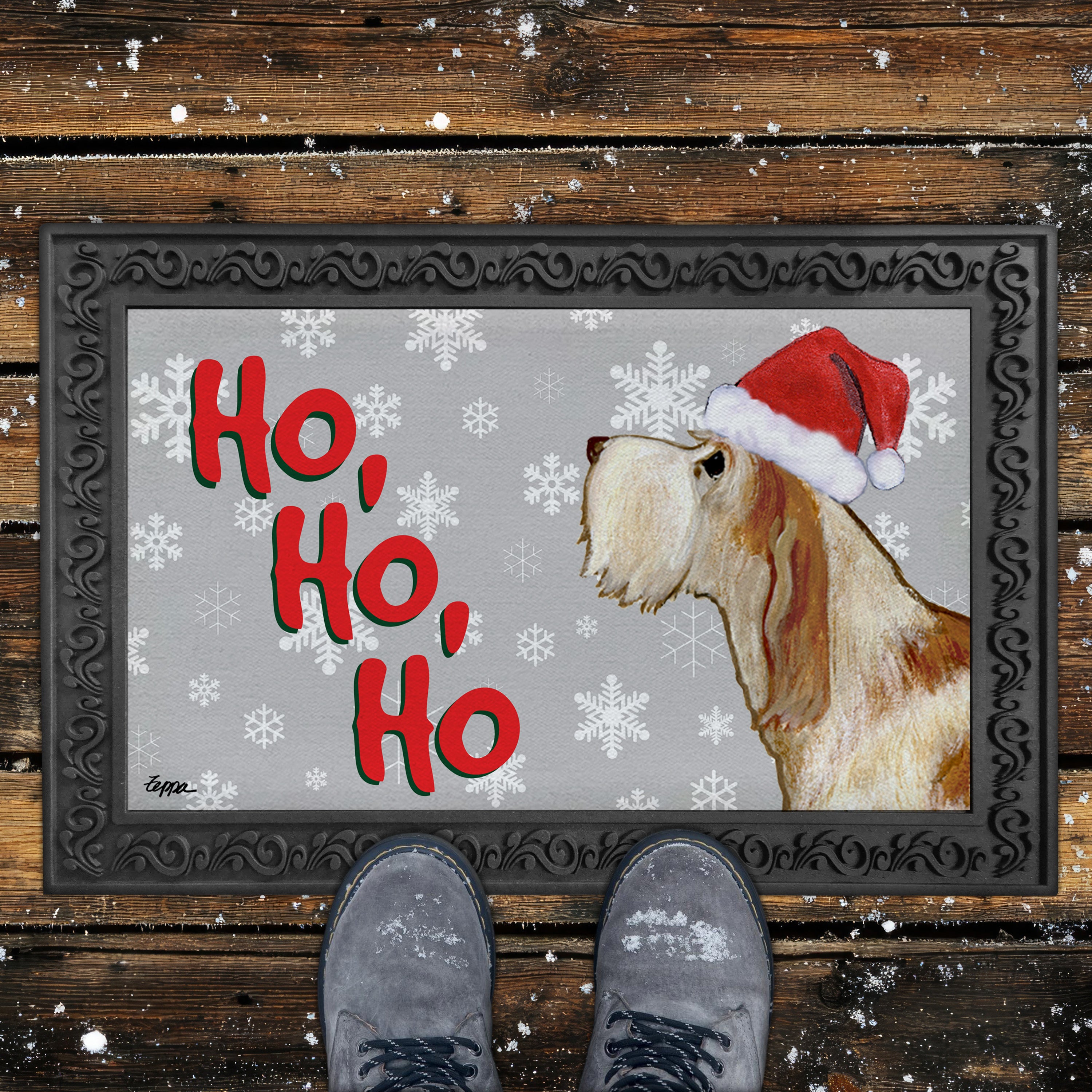 Red and White Italian Spinone Ho Ho Ho Door Mat in Grey