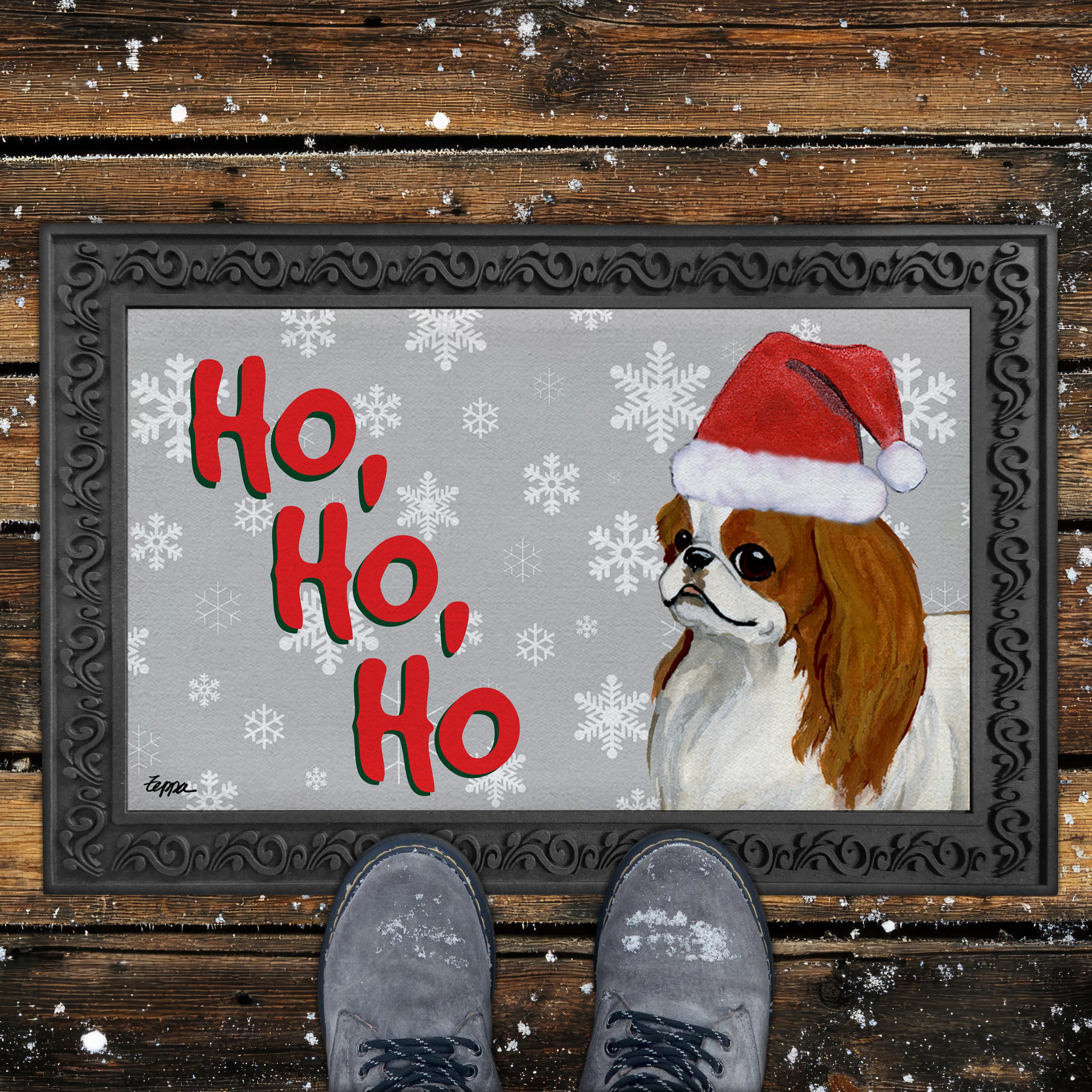 Red and White Japanese Chin Ho Ho Ho Door Mat in Grey