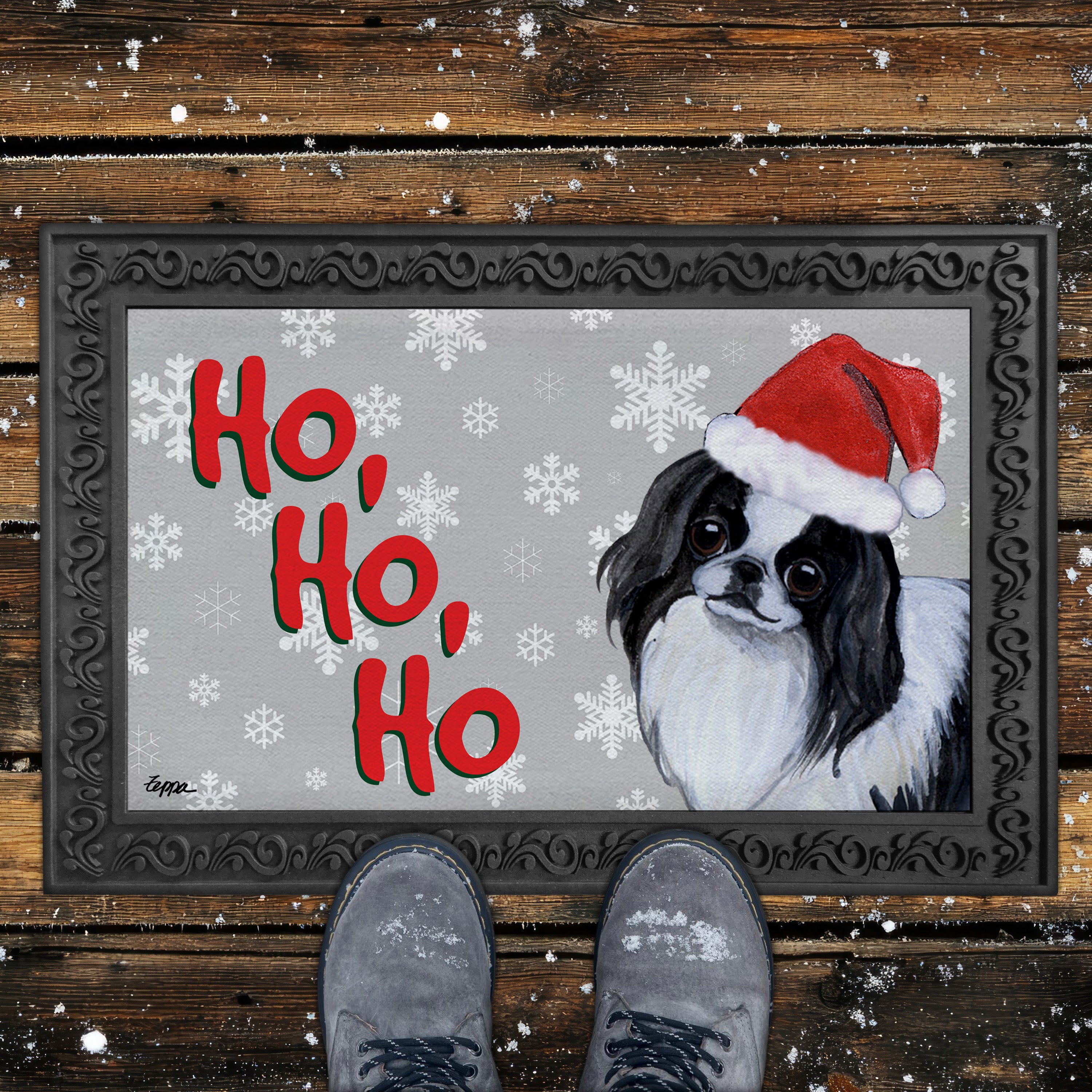 Japanese Chin Ho Ho Ho Door Mat in Grey