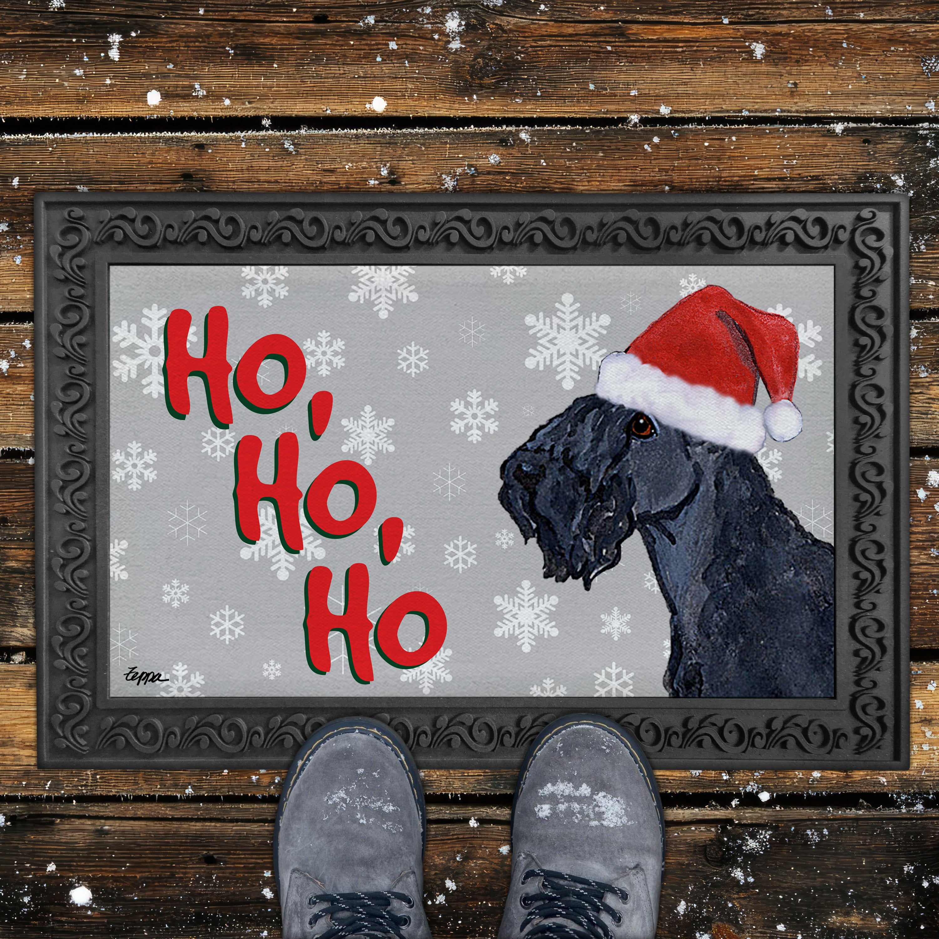Kerry Blue Terrier Ho Ho Ho Door Mat in Grey