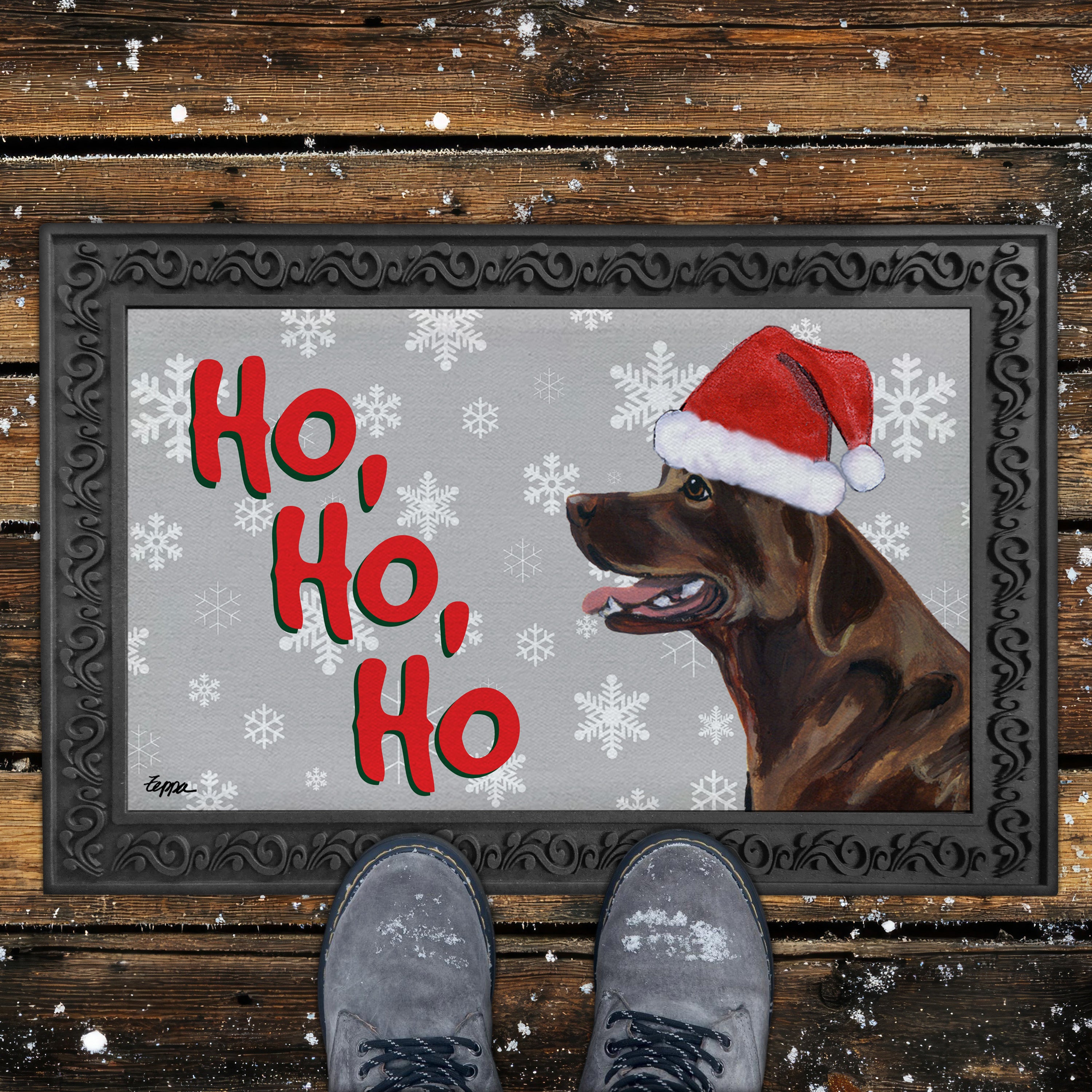 Sitting Chocolate Lab Ho Ho Ho Door Mat in Grey