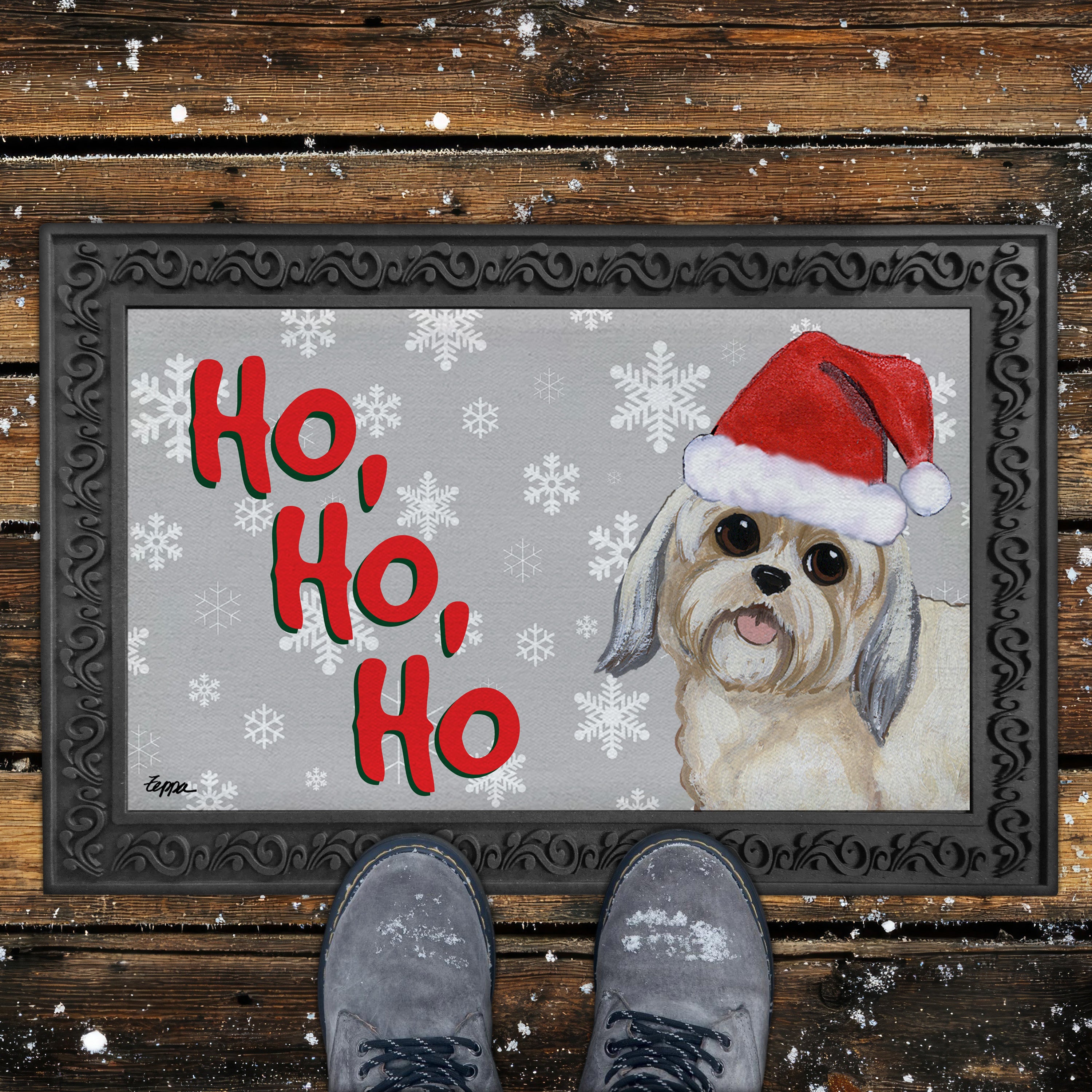 Lhasa Apso Puppy Clip Ho Ho Ho Door Mat in Grey