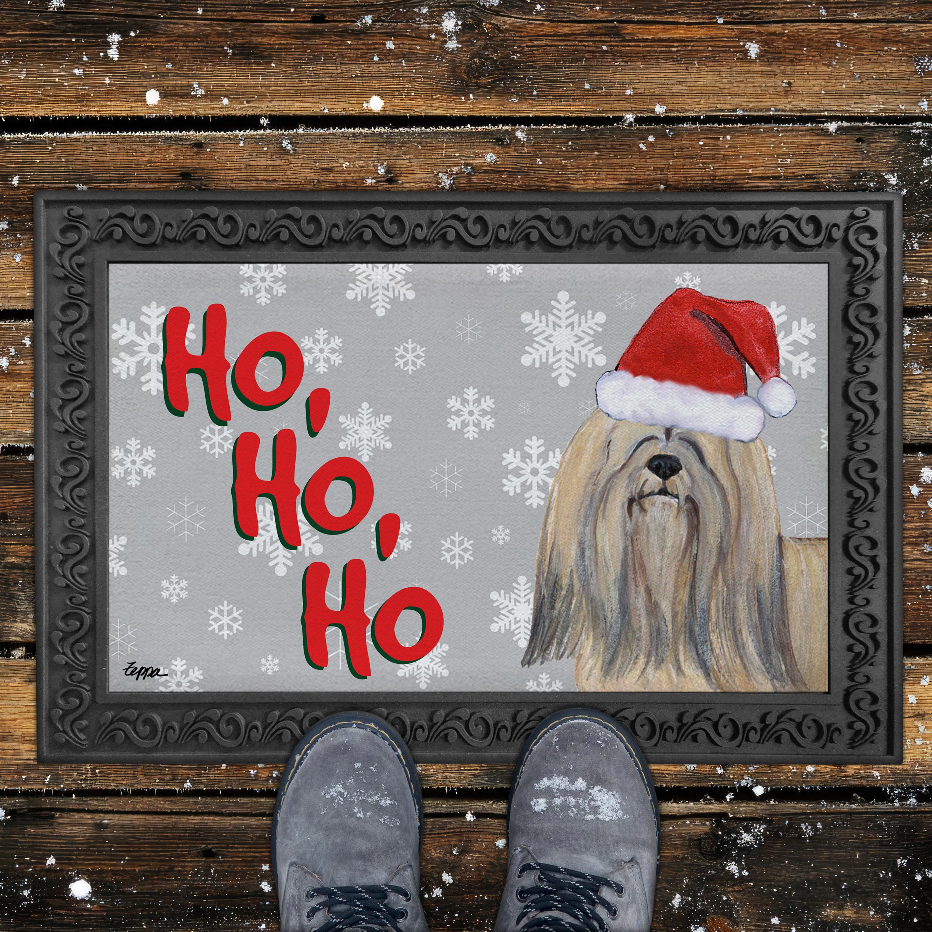 Lhasa Apso Ho Ho Ho Door Mat in Grey