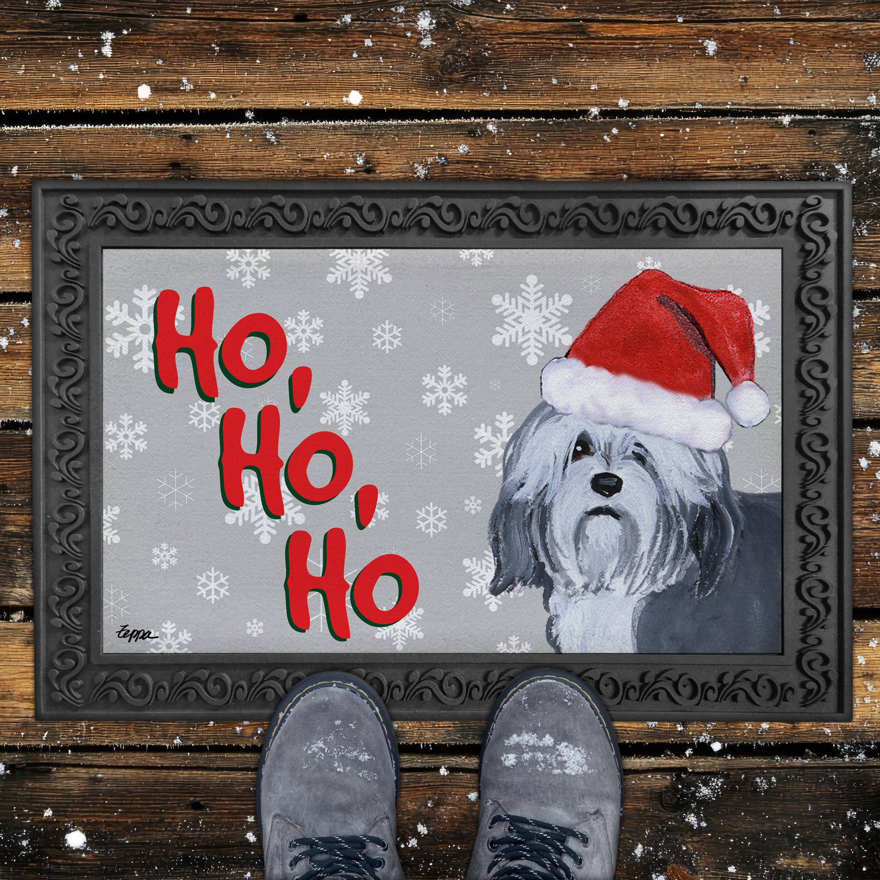 Lowchen Ho Ho Ho Door Mat in Grey