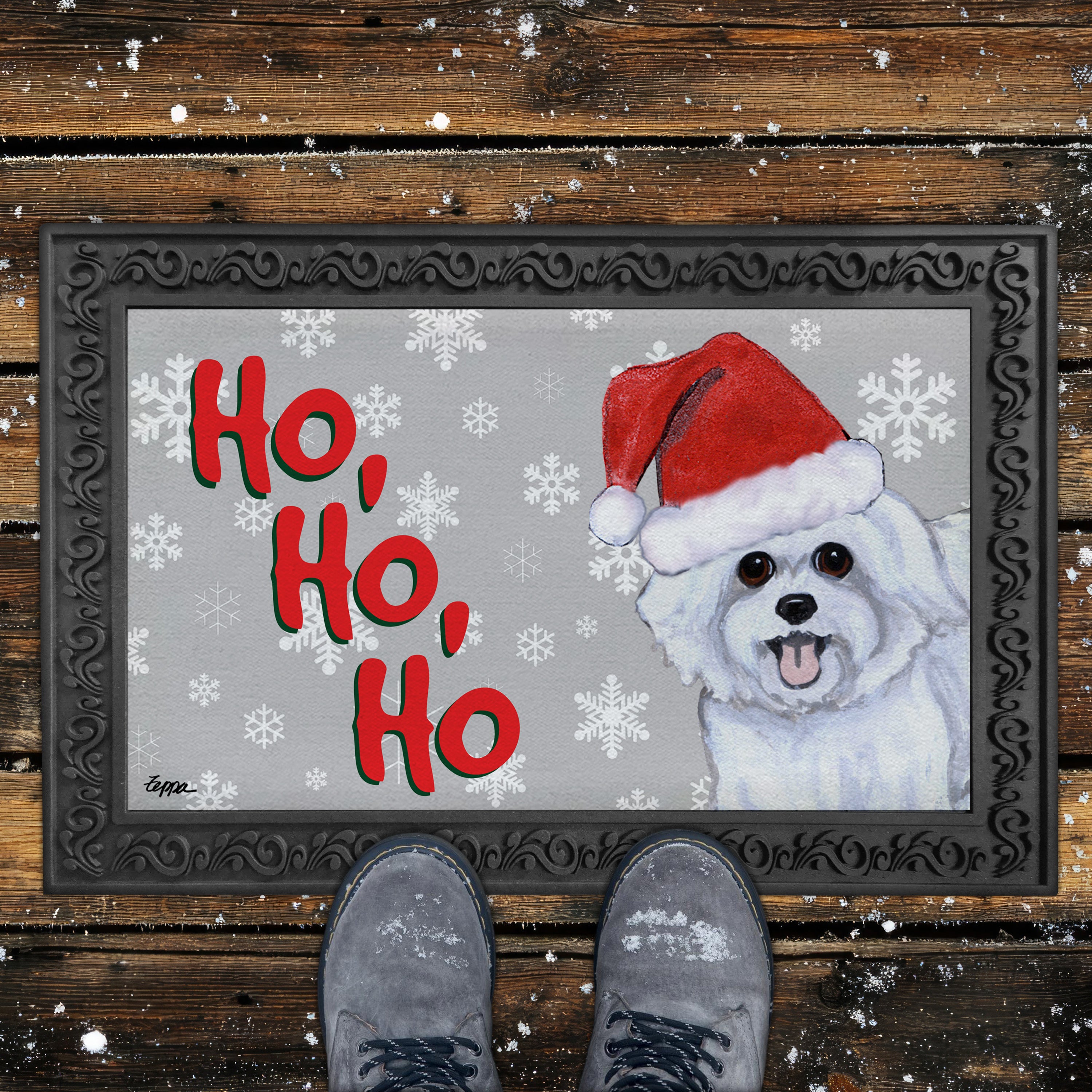 Maltese, Puppy Clip Ho Ho Ho Door Mat in Grey