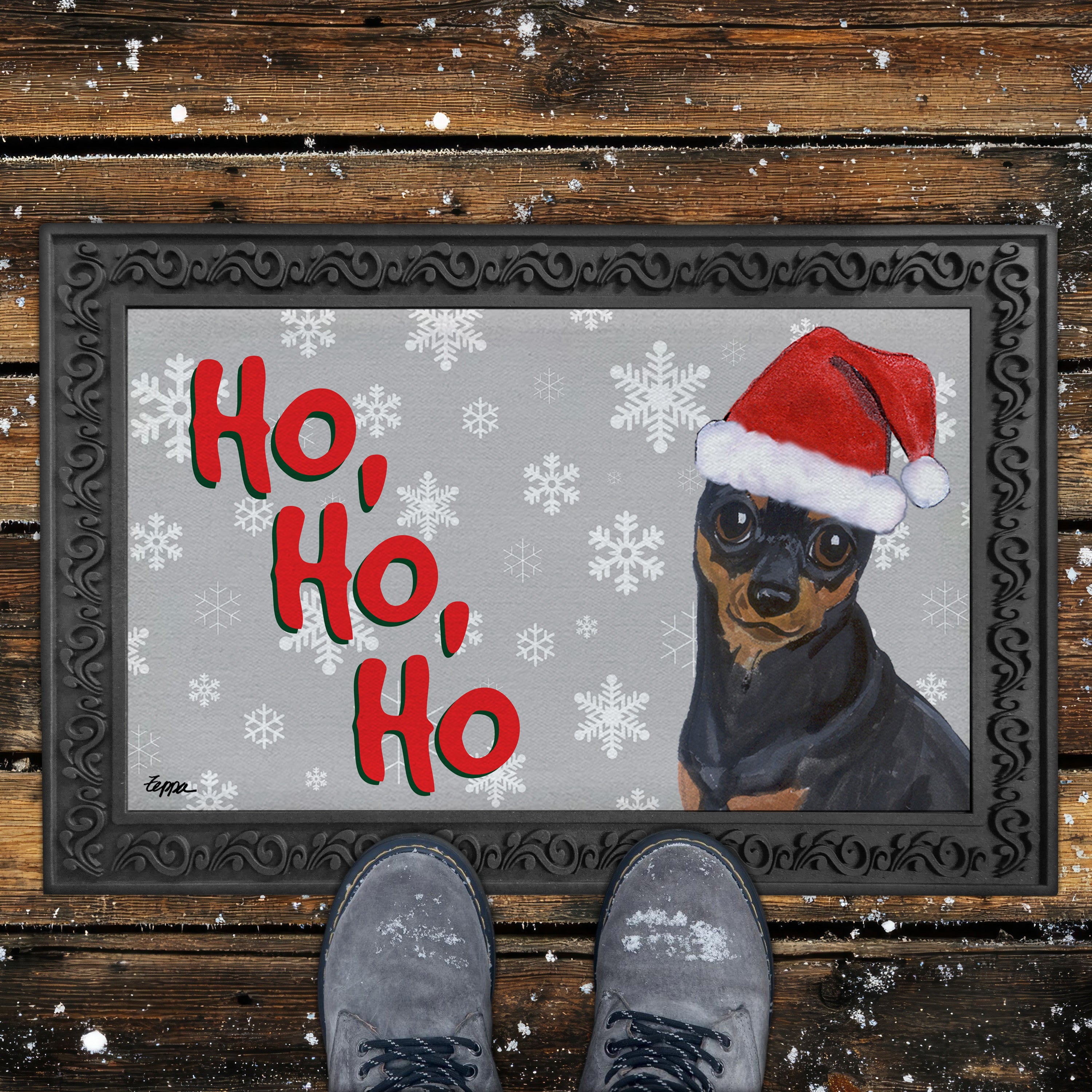 Miniature Pinscher Ho Ho Ho Door Mat in Grey