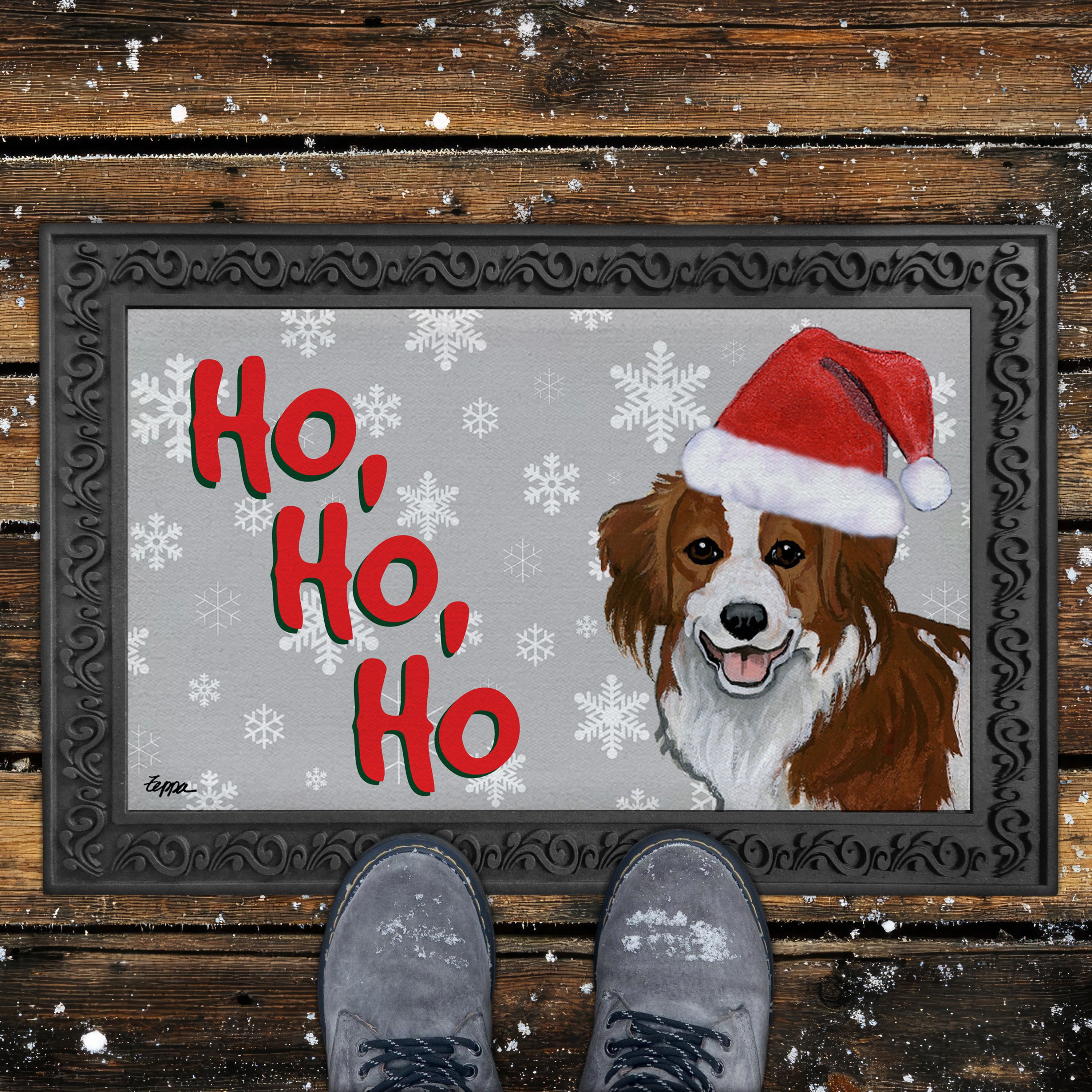 Nederlandse Kooikerhondje Ho Ho Ho Door Mat in Grey