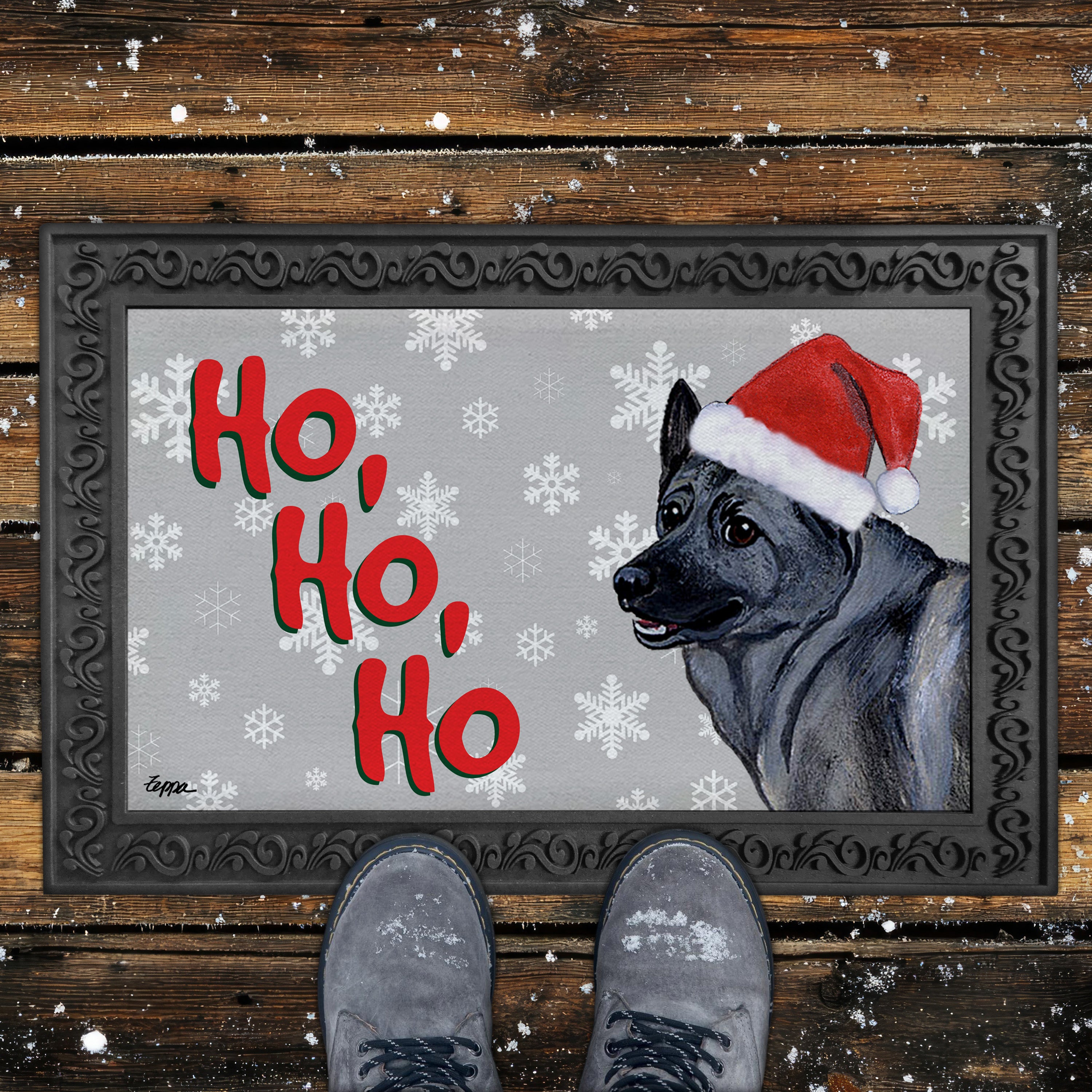 Norwegian Elkhound Ho Ho Ho Door Mat in Grey