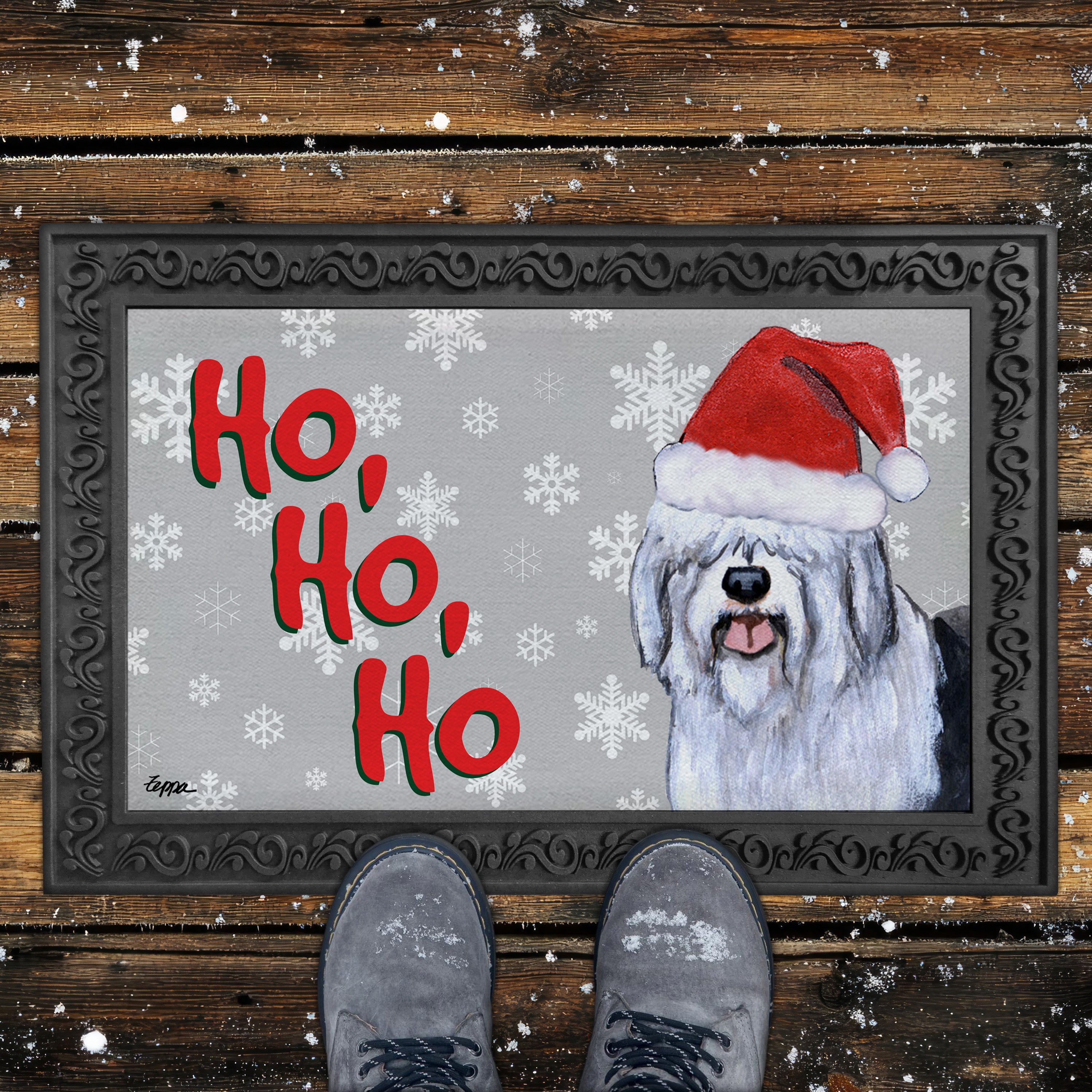 Old English Sheepdog Ho Ho Ho Door Mat in Grey