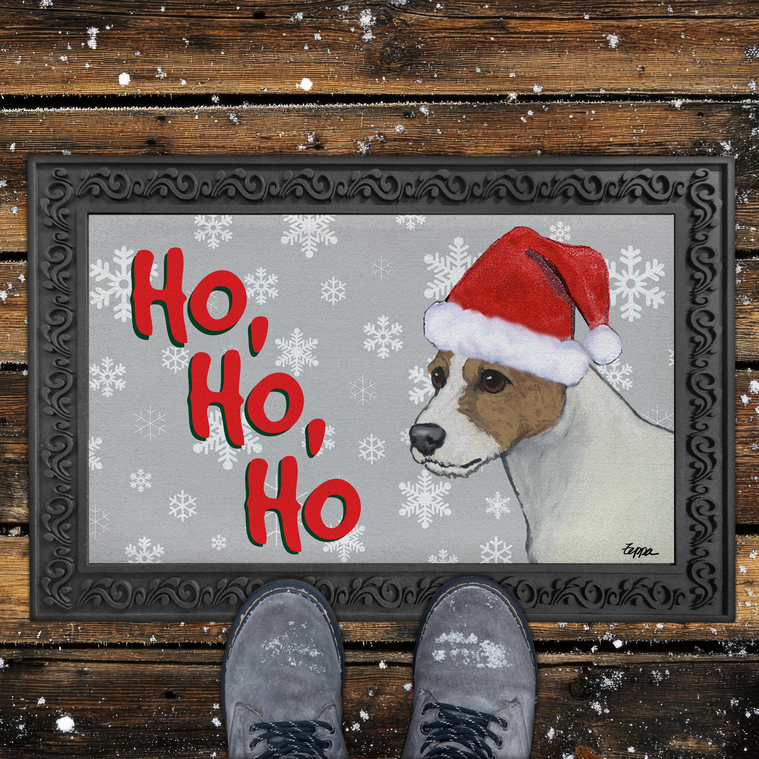 Parson Russell Terrier Ho Ho Ho Door Mat in Grey