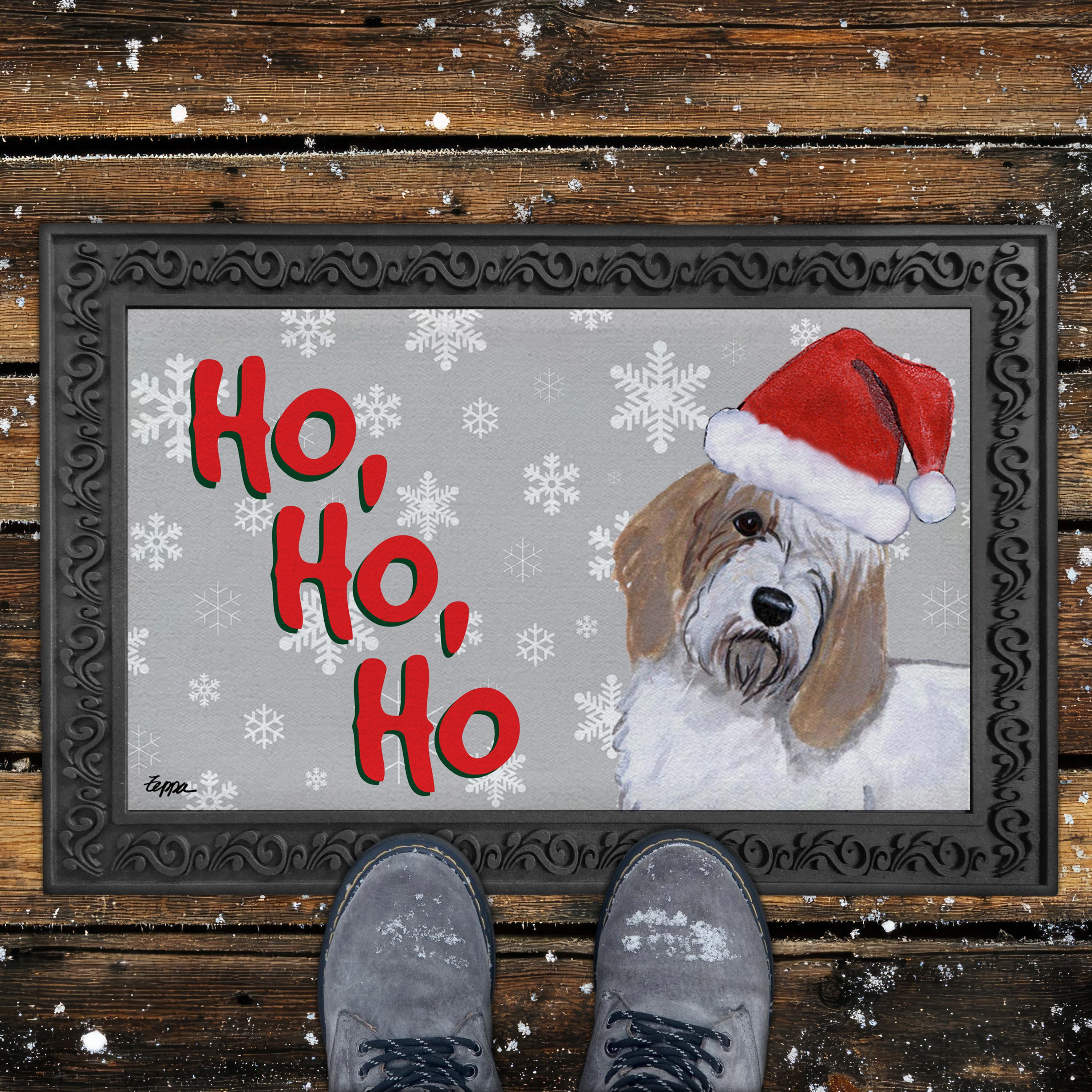 Petite Basset Griffon Vendeen Ho Ho Ho Doormat in Grey