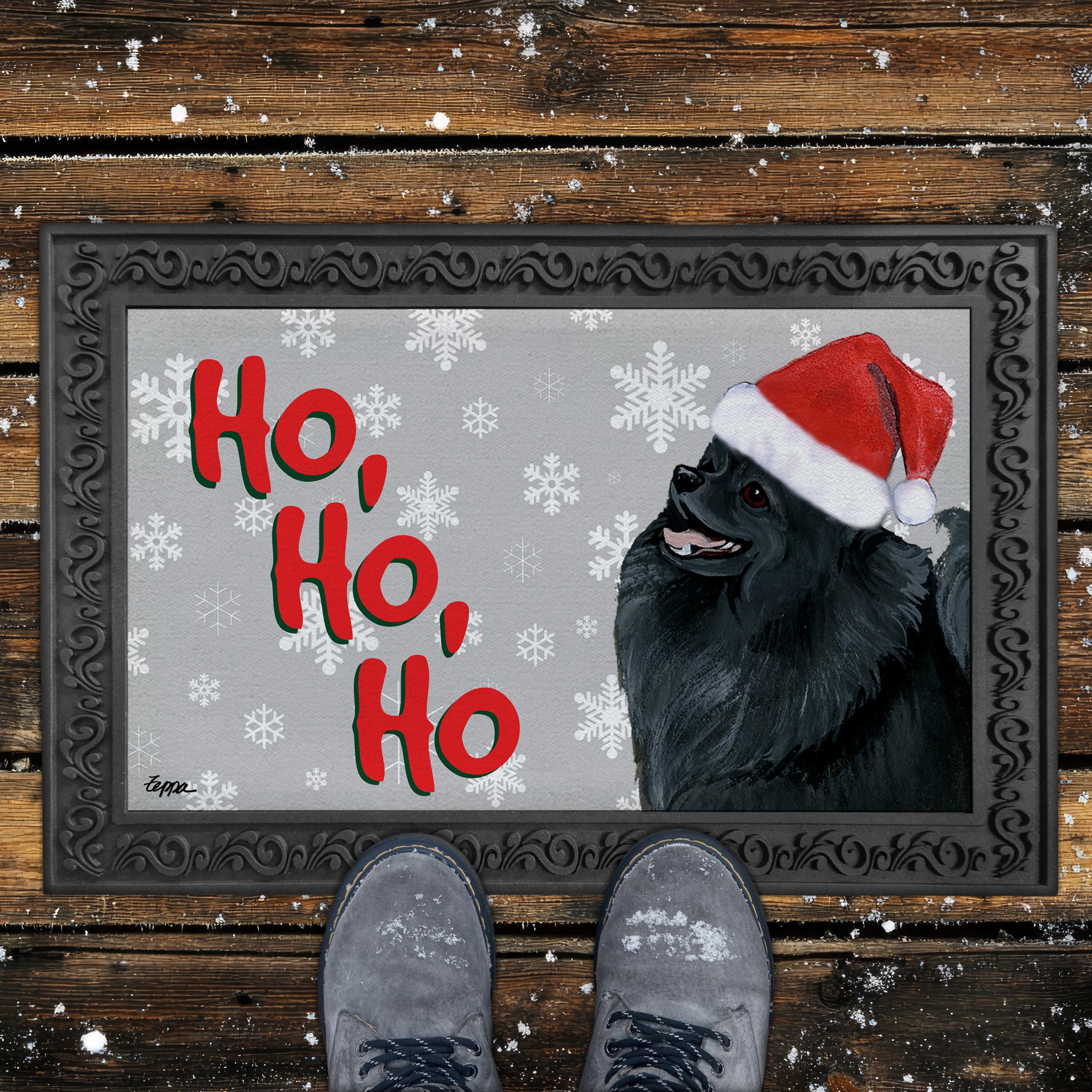 Black Pomeranian Ho Ho Ho Door Mat in Grey