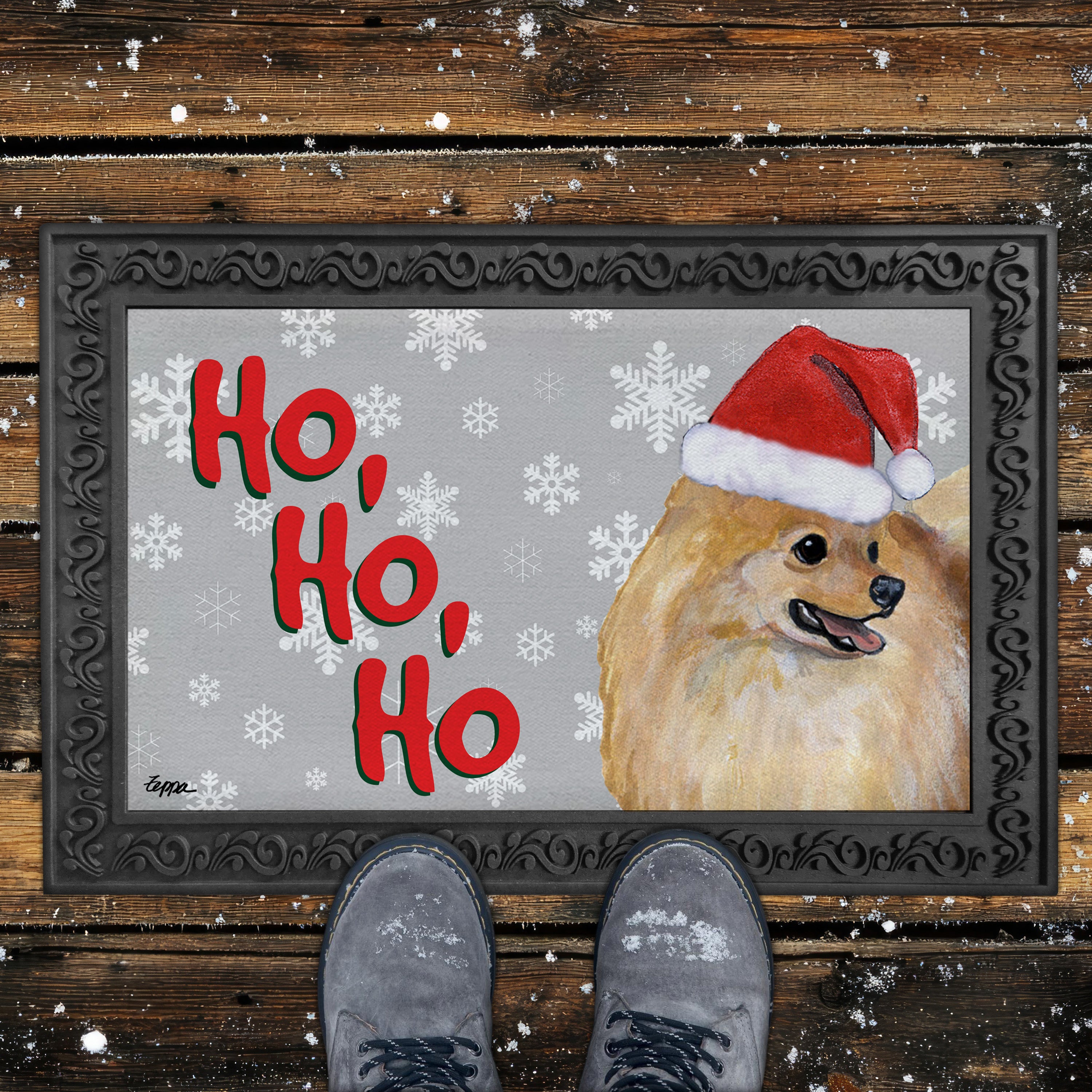Pomeranian Ho Ho Ho Doormat in Grey