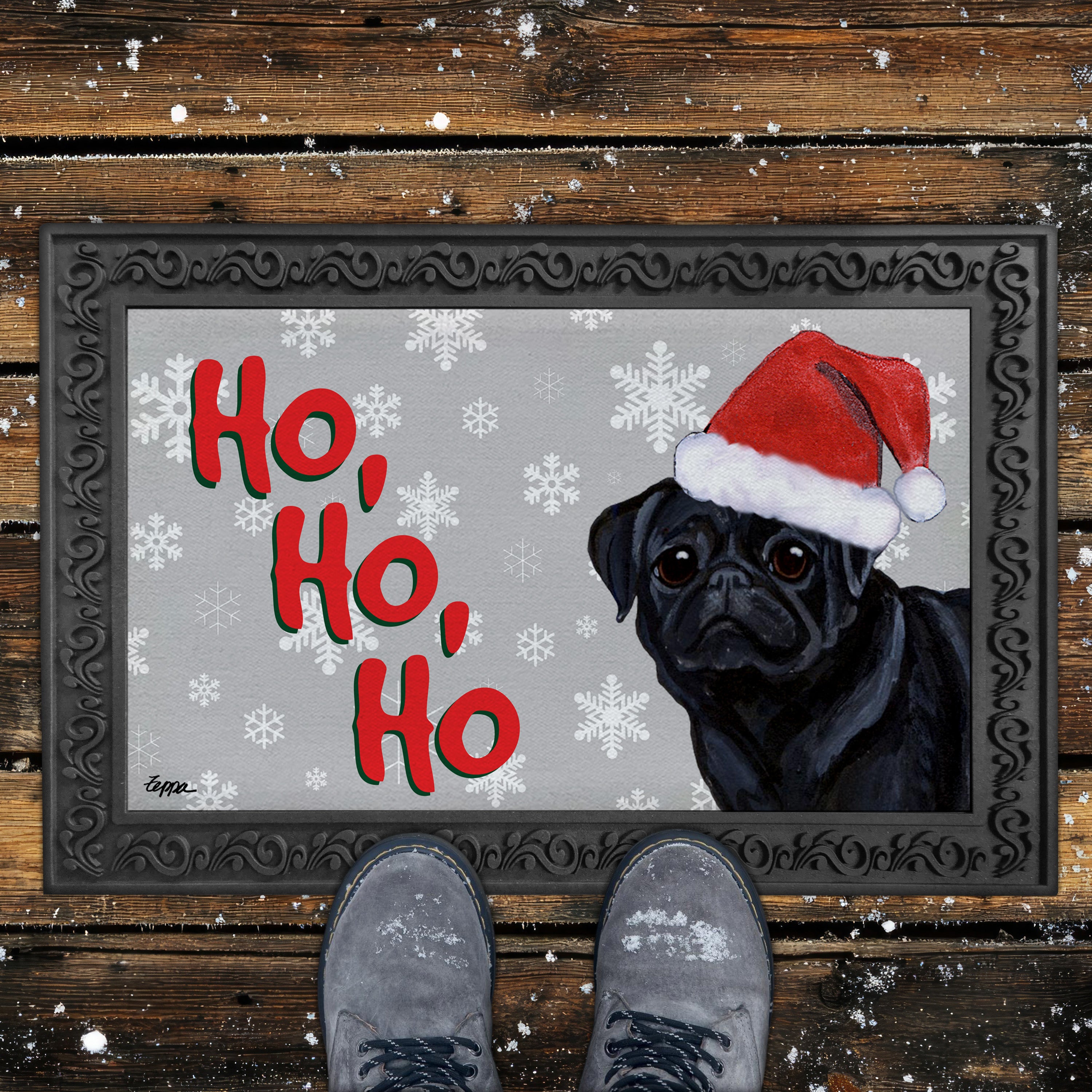 Black Pug Ho Ho Ho Door Mat in Grey
