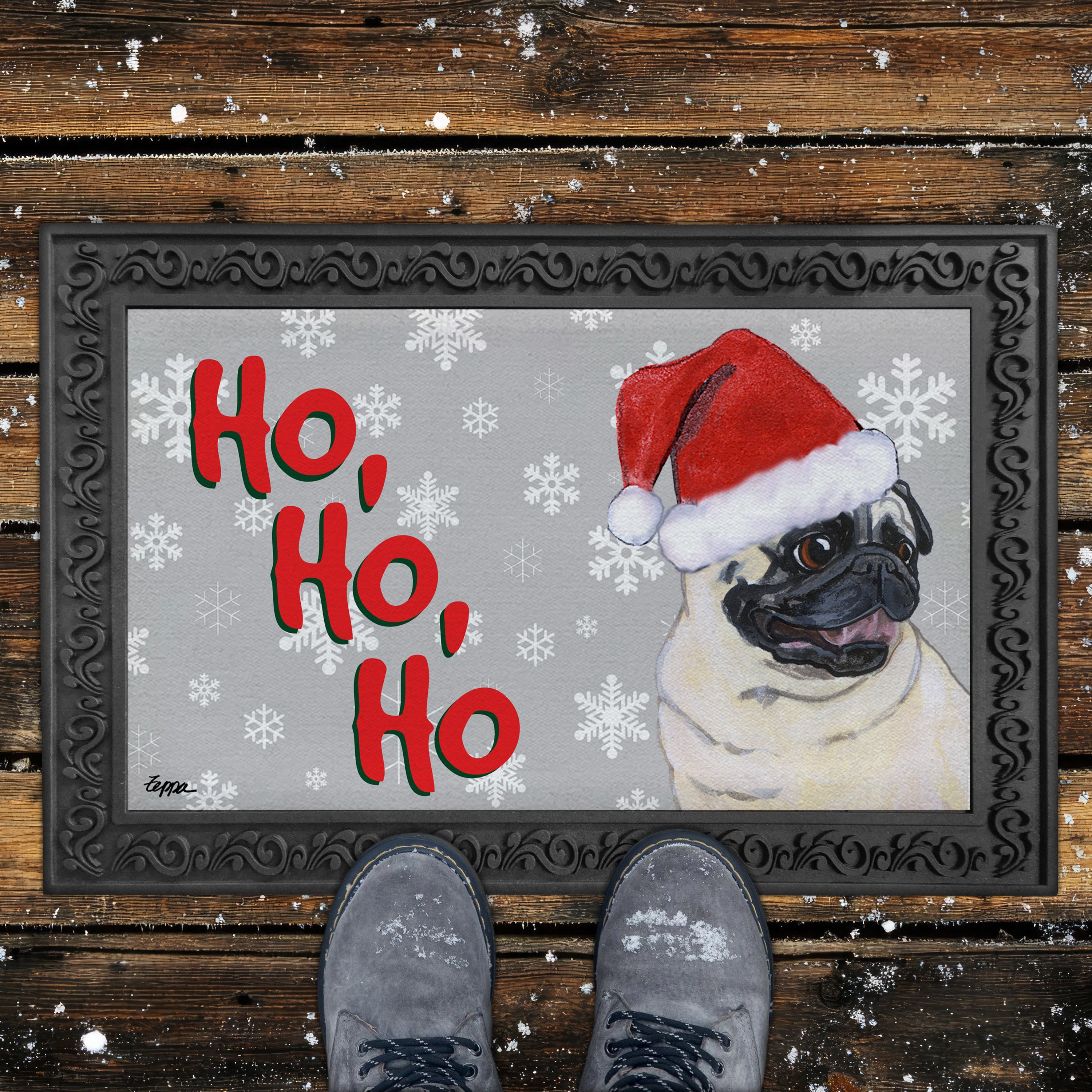 Sitting Pug Ho Ho Ho Door Mat In grey