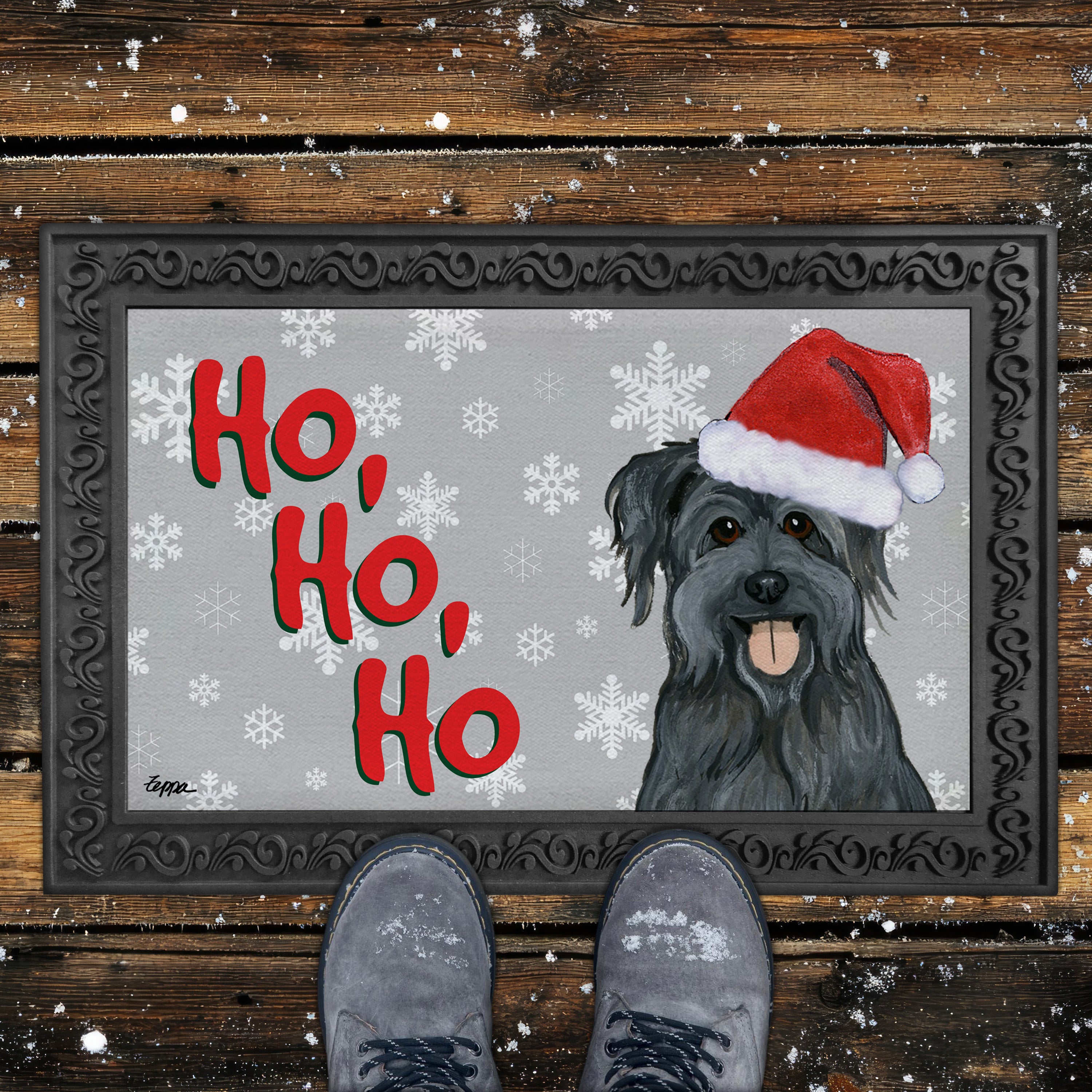 Pyrenean Shepherd Ho Ho Ho Door Mat in Grey