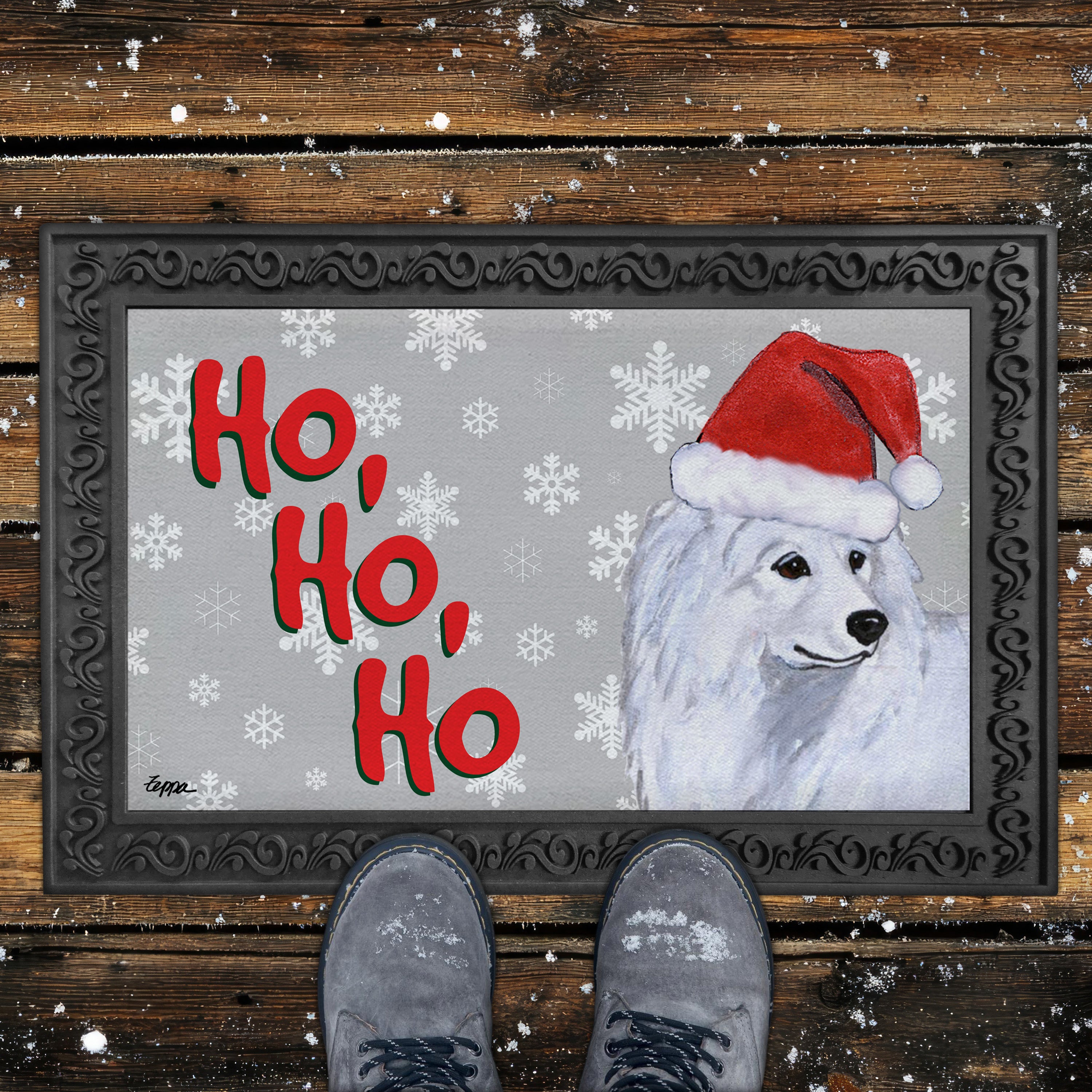 Samoyed Ho Ho Ho Door Mat in Grey