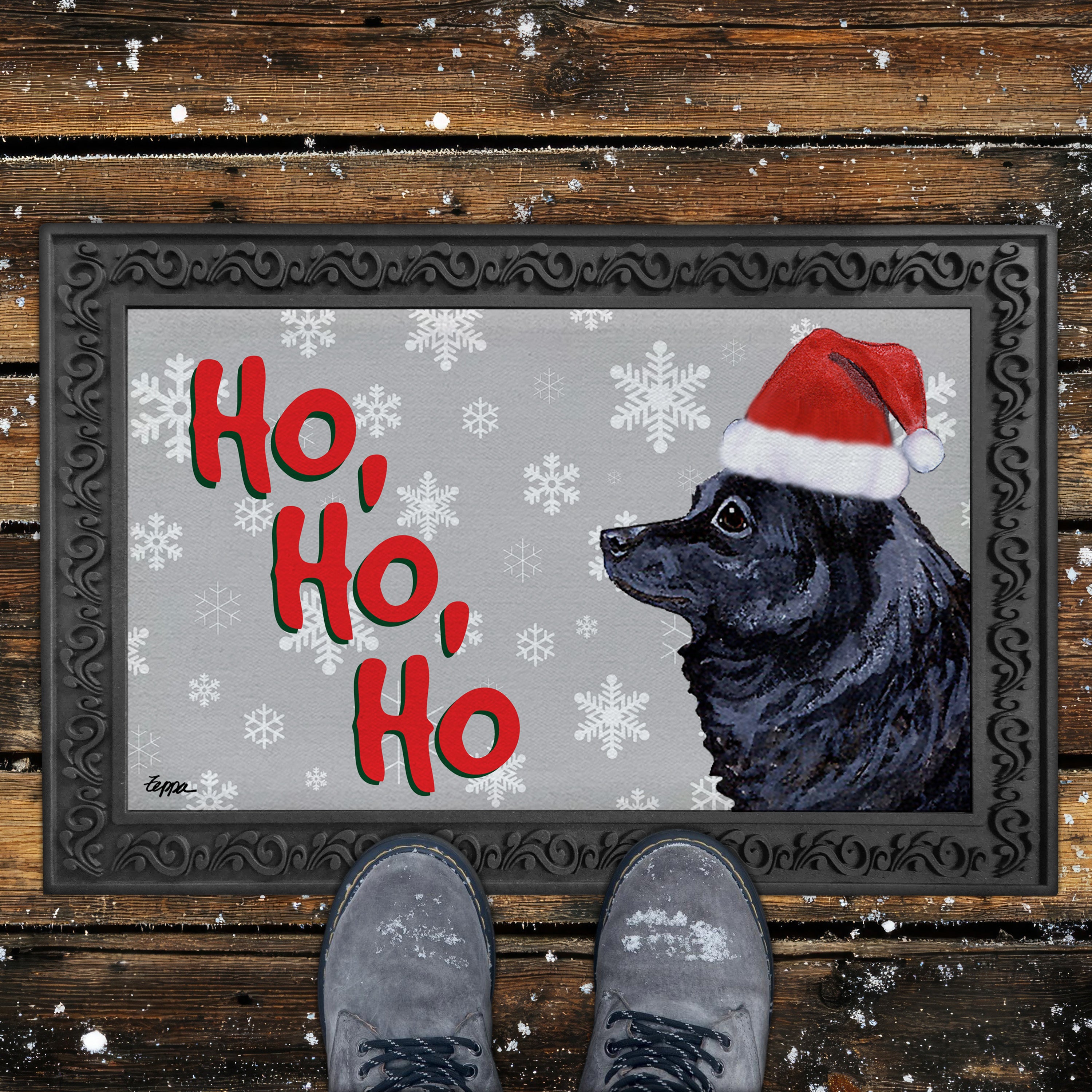 Schipperke Ho Ho Ho Door Mat in Grey