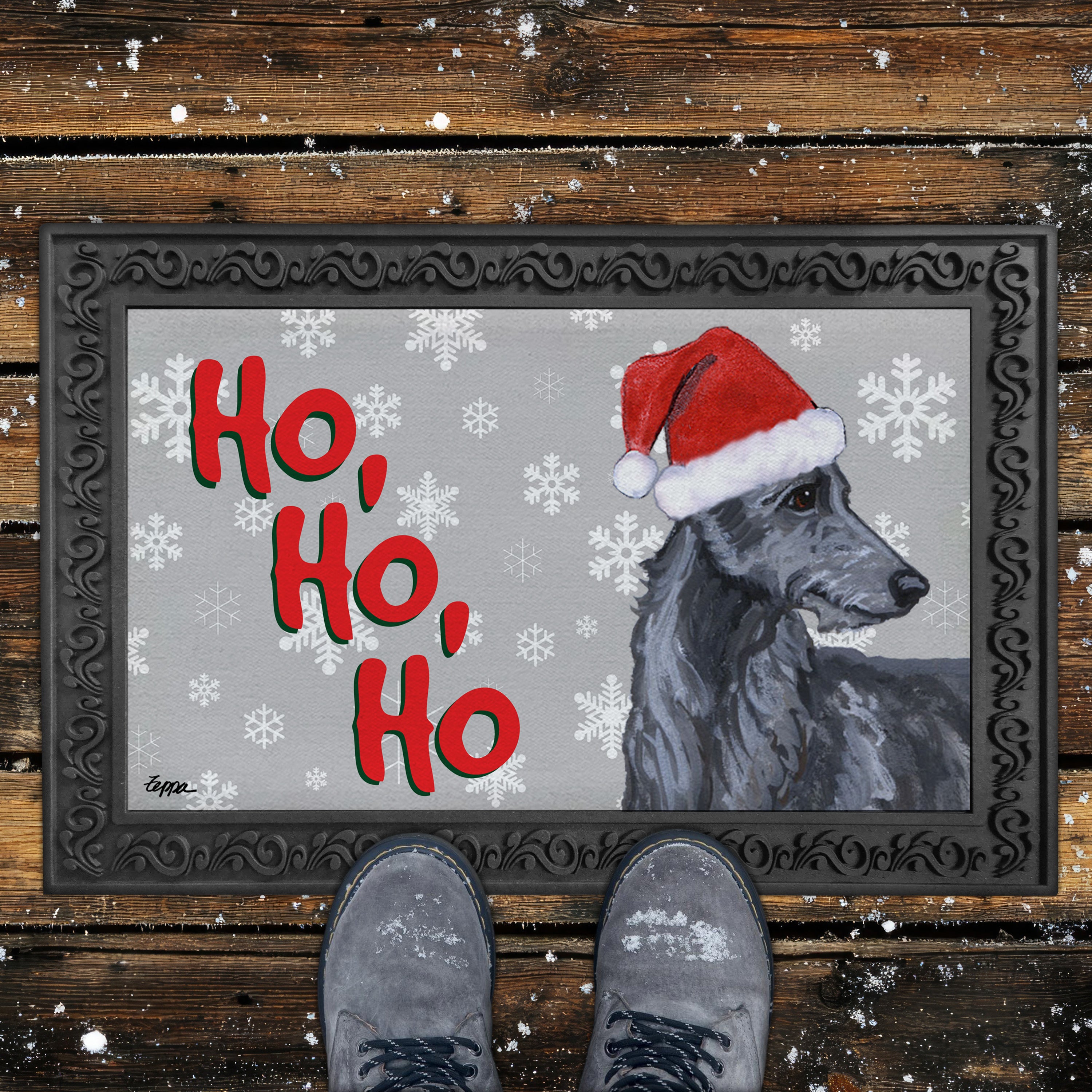 Scottish Deerhound Ho Ho Ho Door Mat in Grey