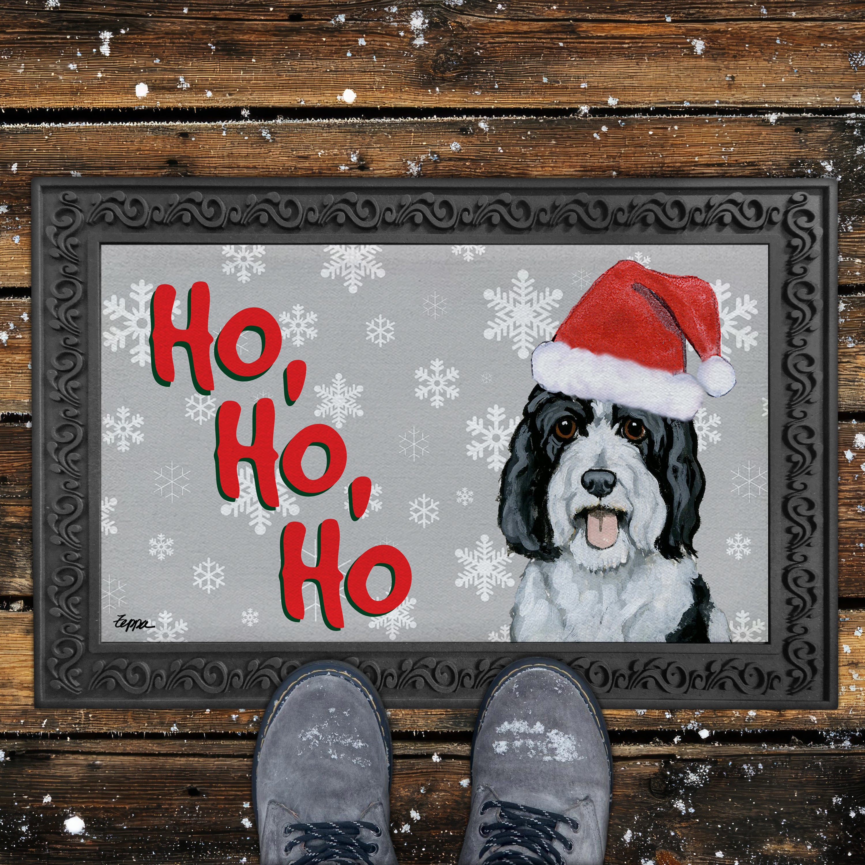 Sheepadoodle Ho Ho Ho Door Mat in Grey