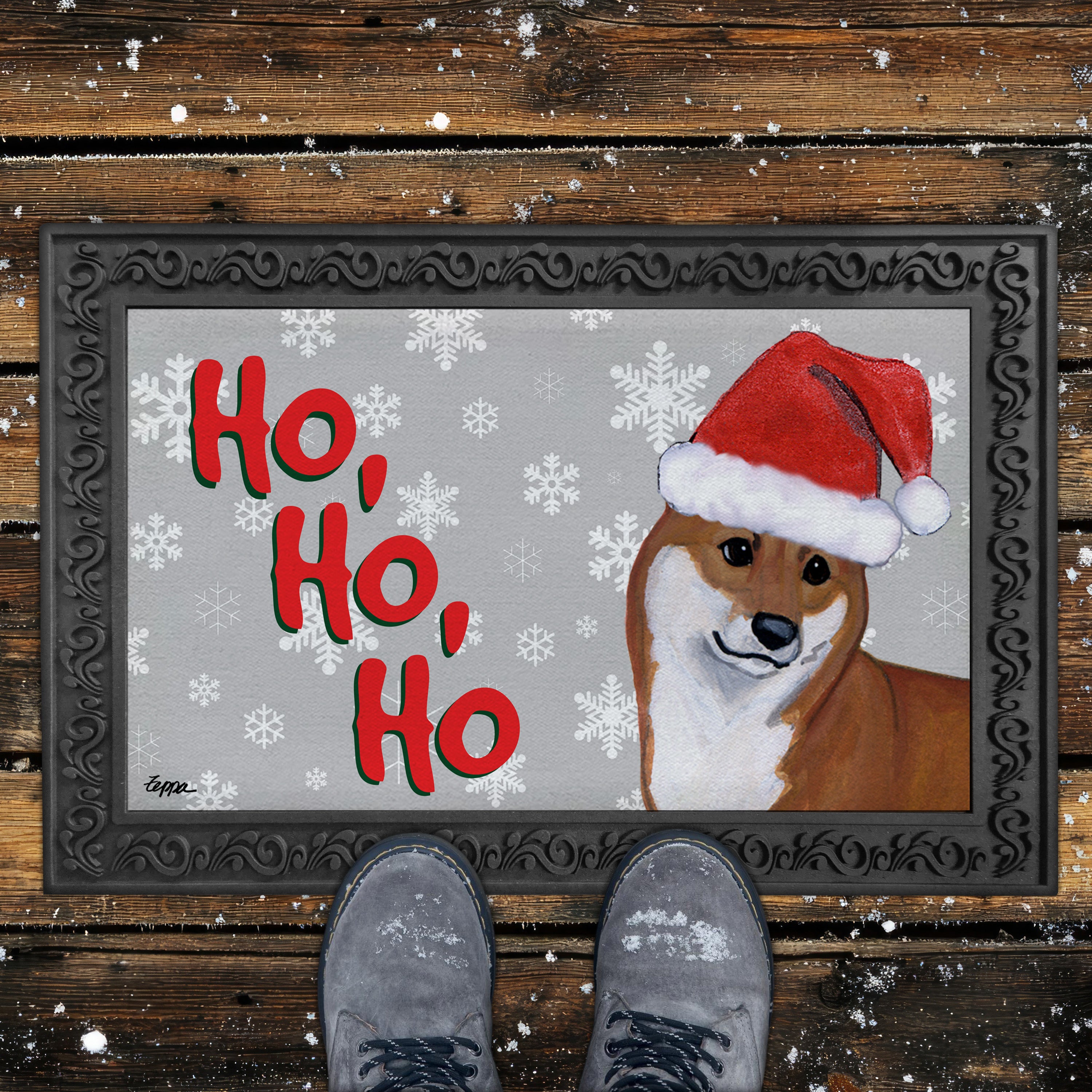 Shiba Inu Ho Ho Ho Door Mat in Grey