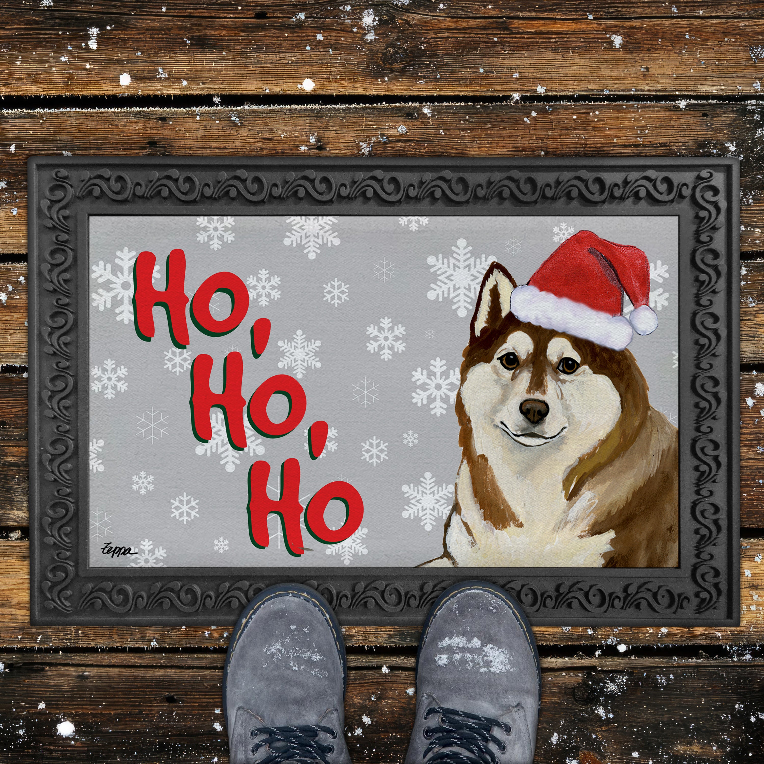 Copper Siberian Husky Ho Ho Ho Door Mat in Grey