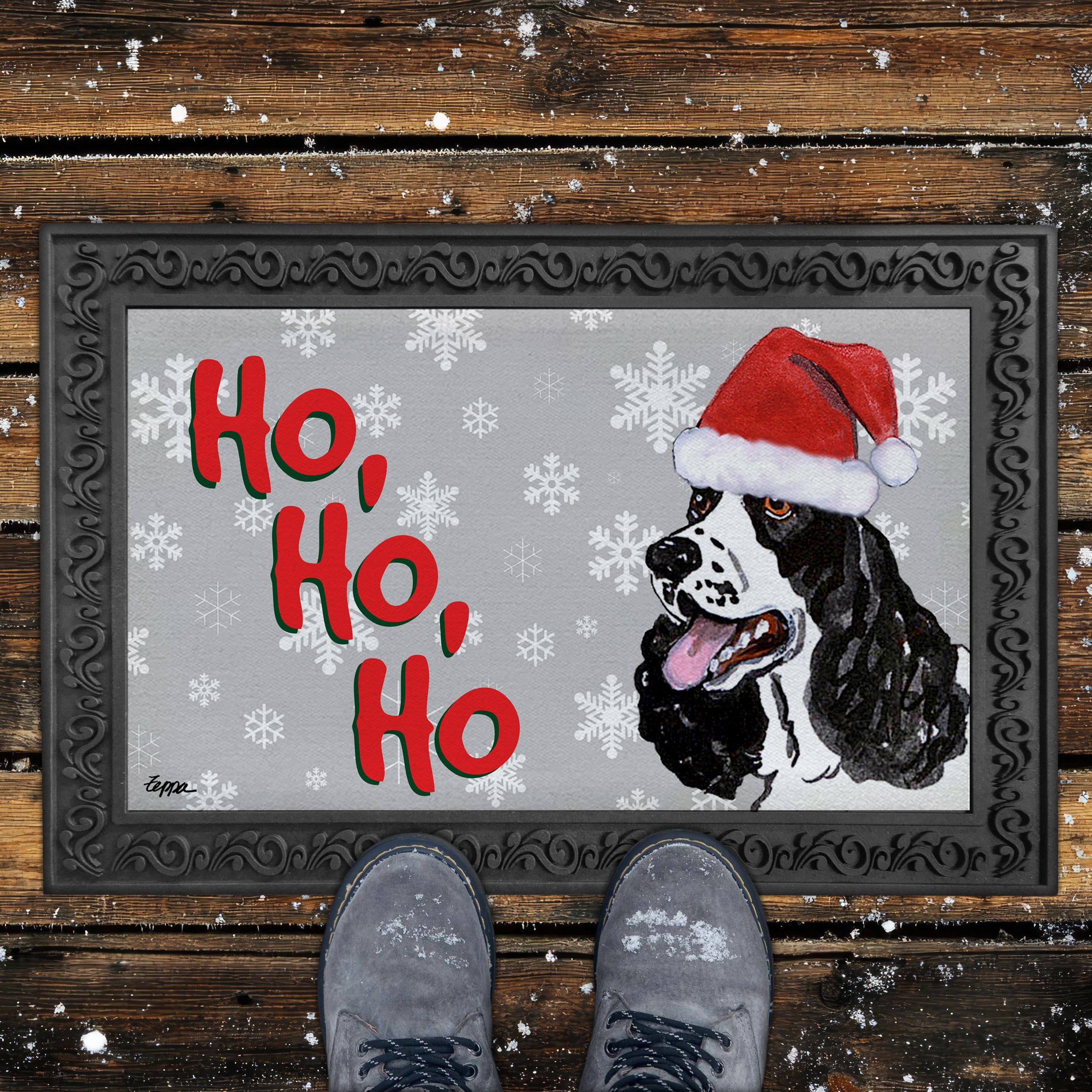 Black and White Springer Spaniel Ho Ho Ho Door Mat in Grey