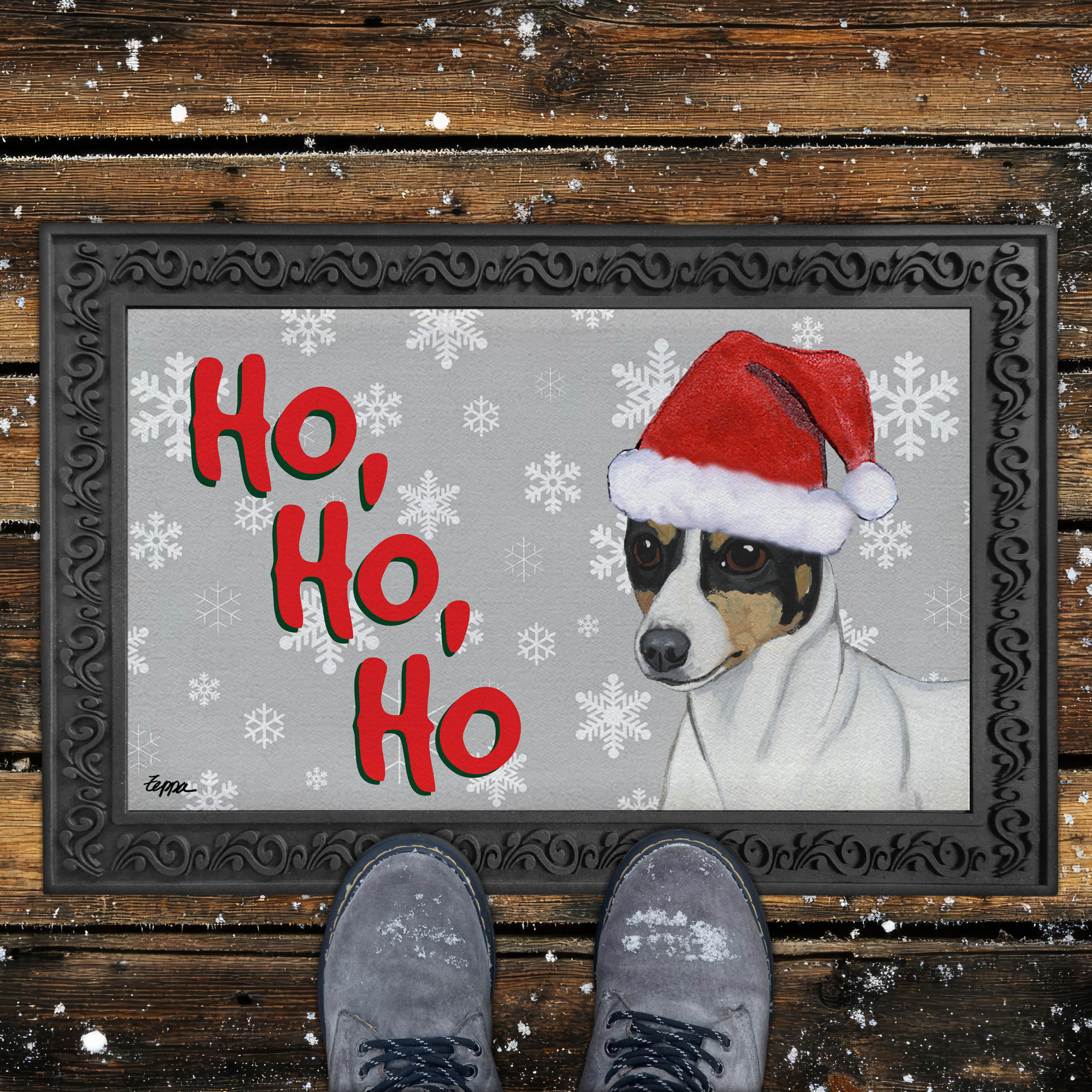 Toy Fox Terrier Ho Ho Ho Door Mat in Grey