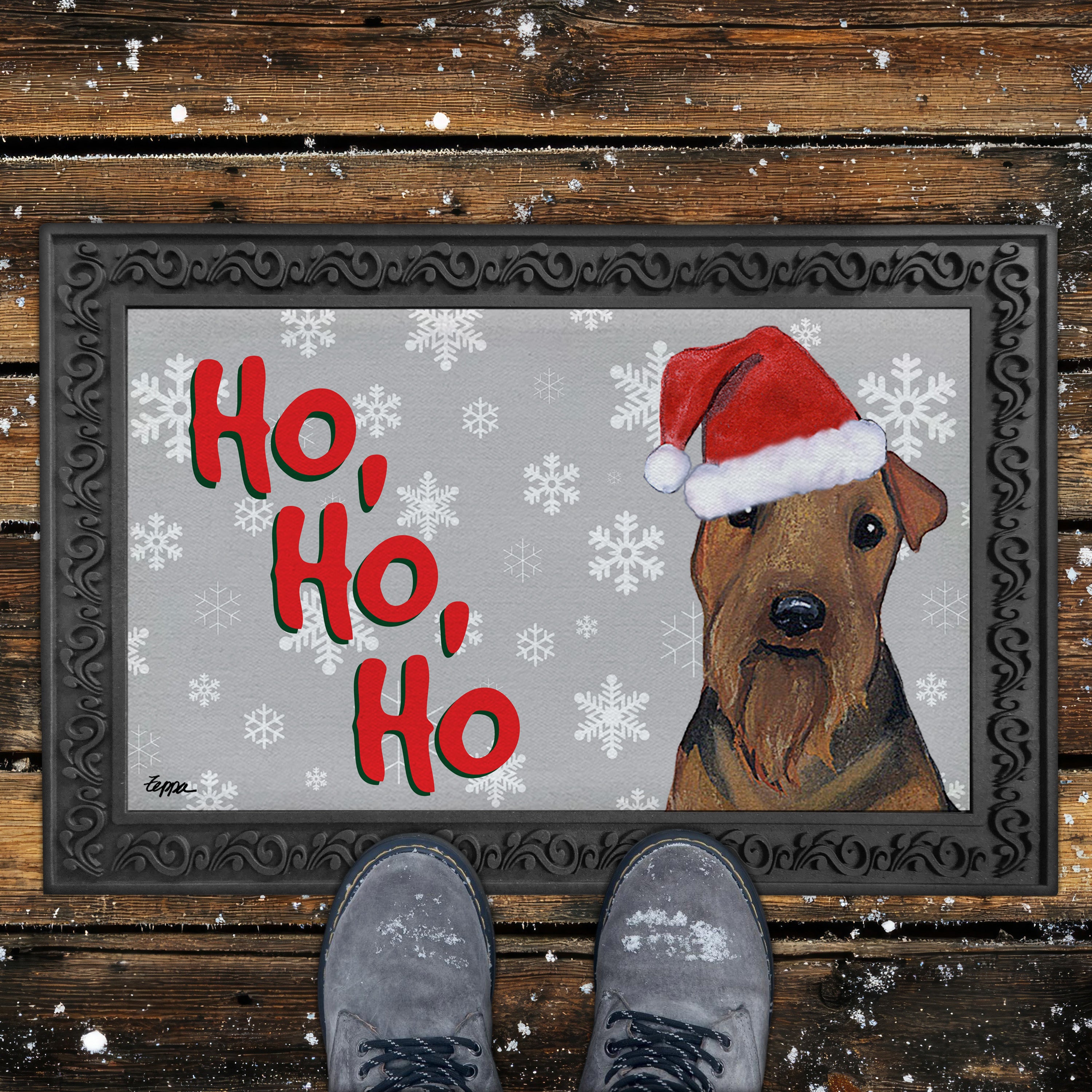 Welsh Terrier Ho Ho Ho Door Mat in Grey