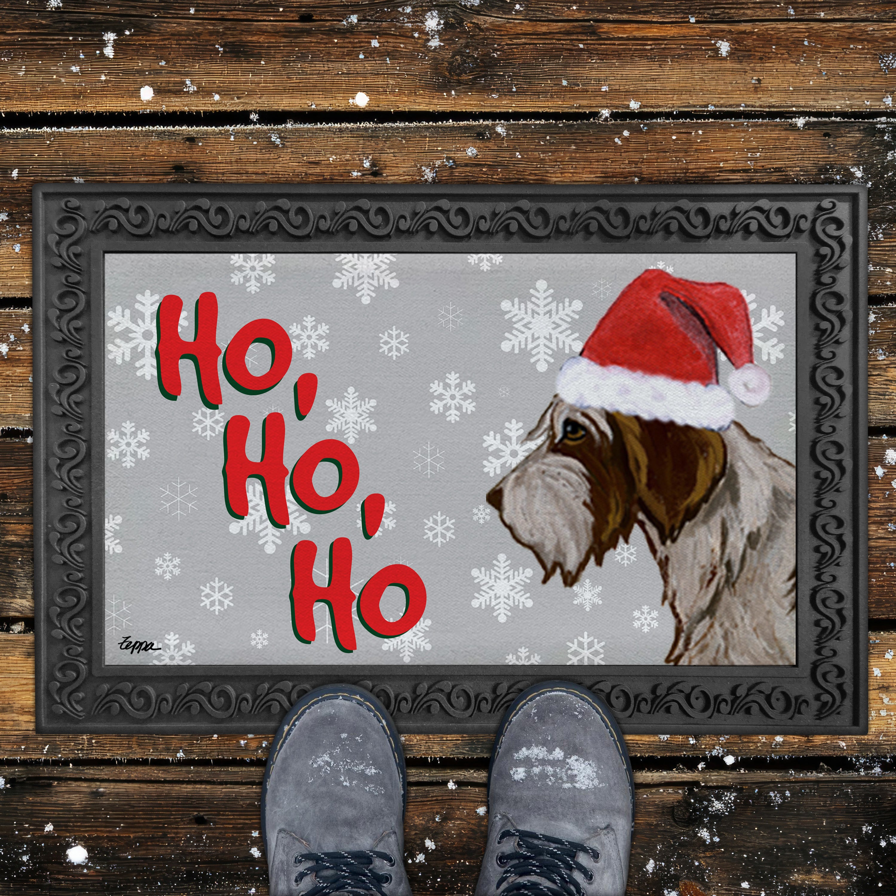 Wirehaired Pointing Griffon Ho Ho Ho Door Mat in Grey