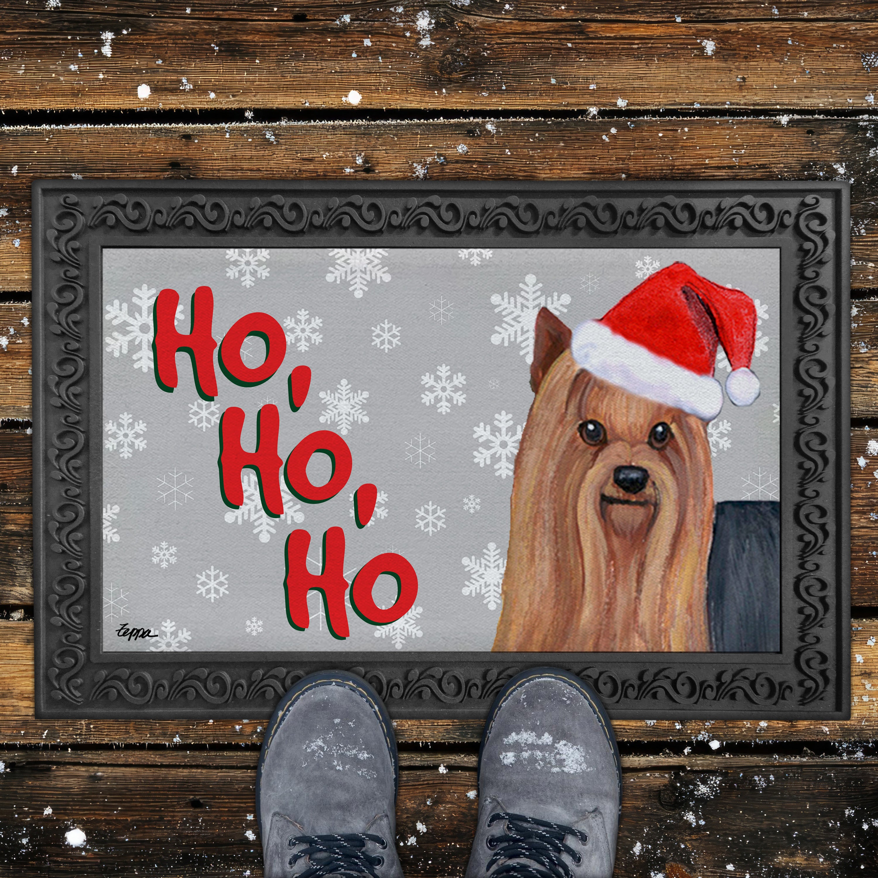 Yorkshire Terrier Ho Ho Ho Doormat in Grey