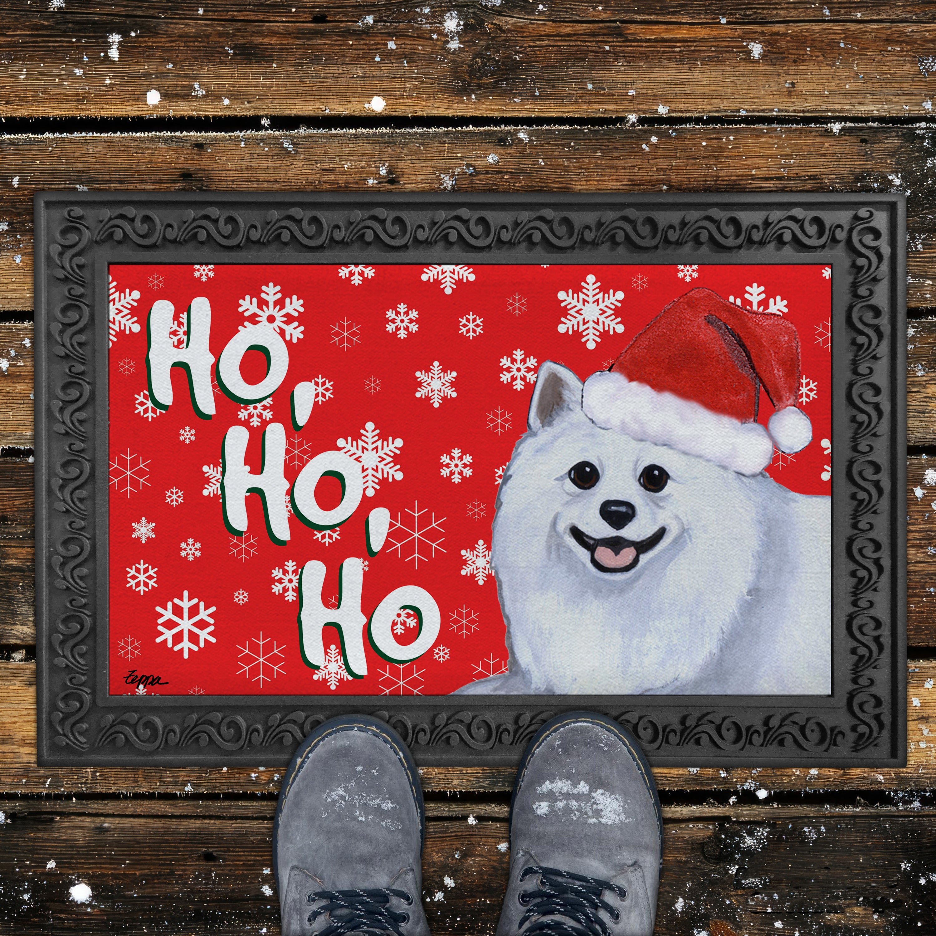 American Eskimo Ho Ho Ho Door Mat in Red