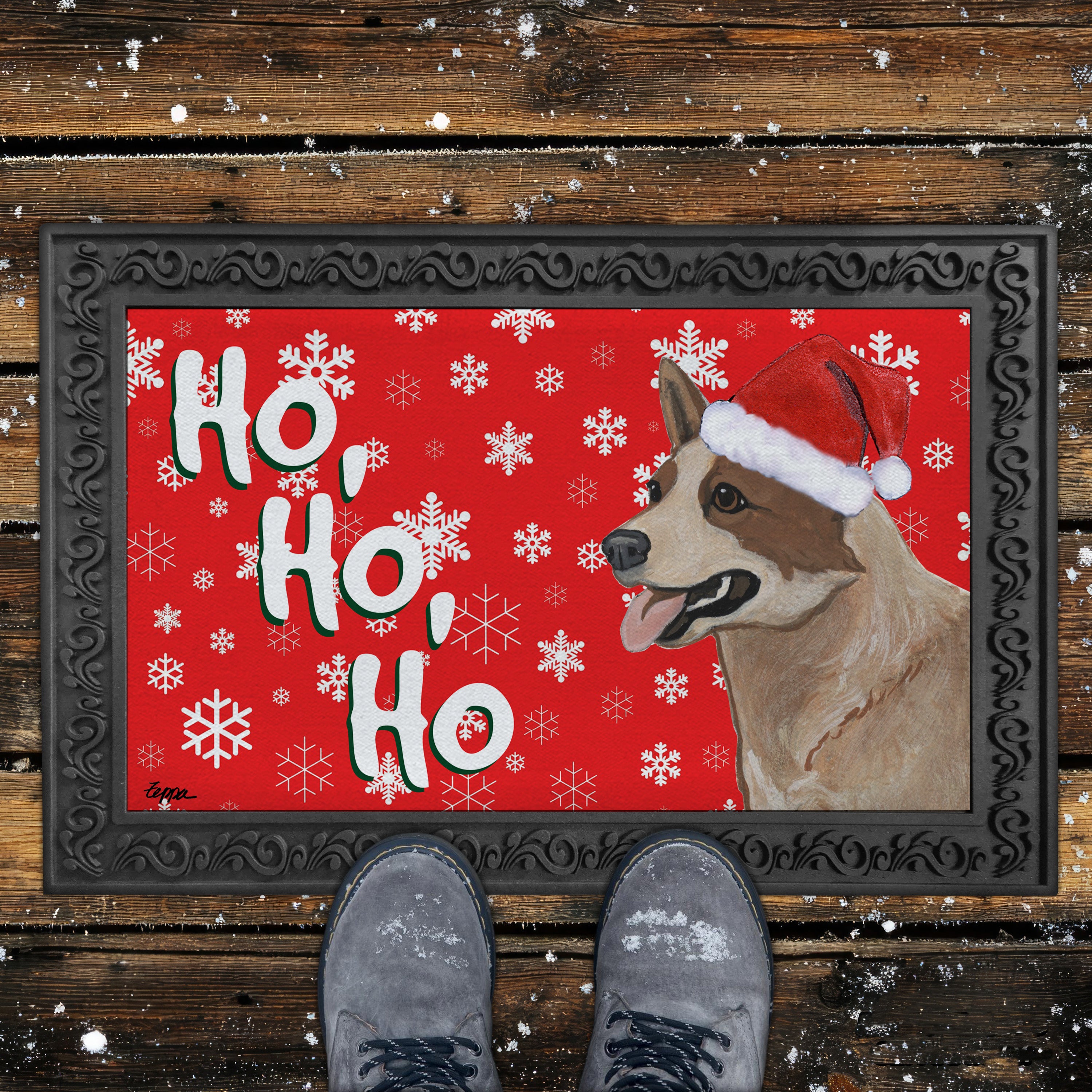 Red Australian Cattle Dog Ho Ho Ho Door Mat in Red