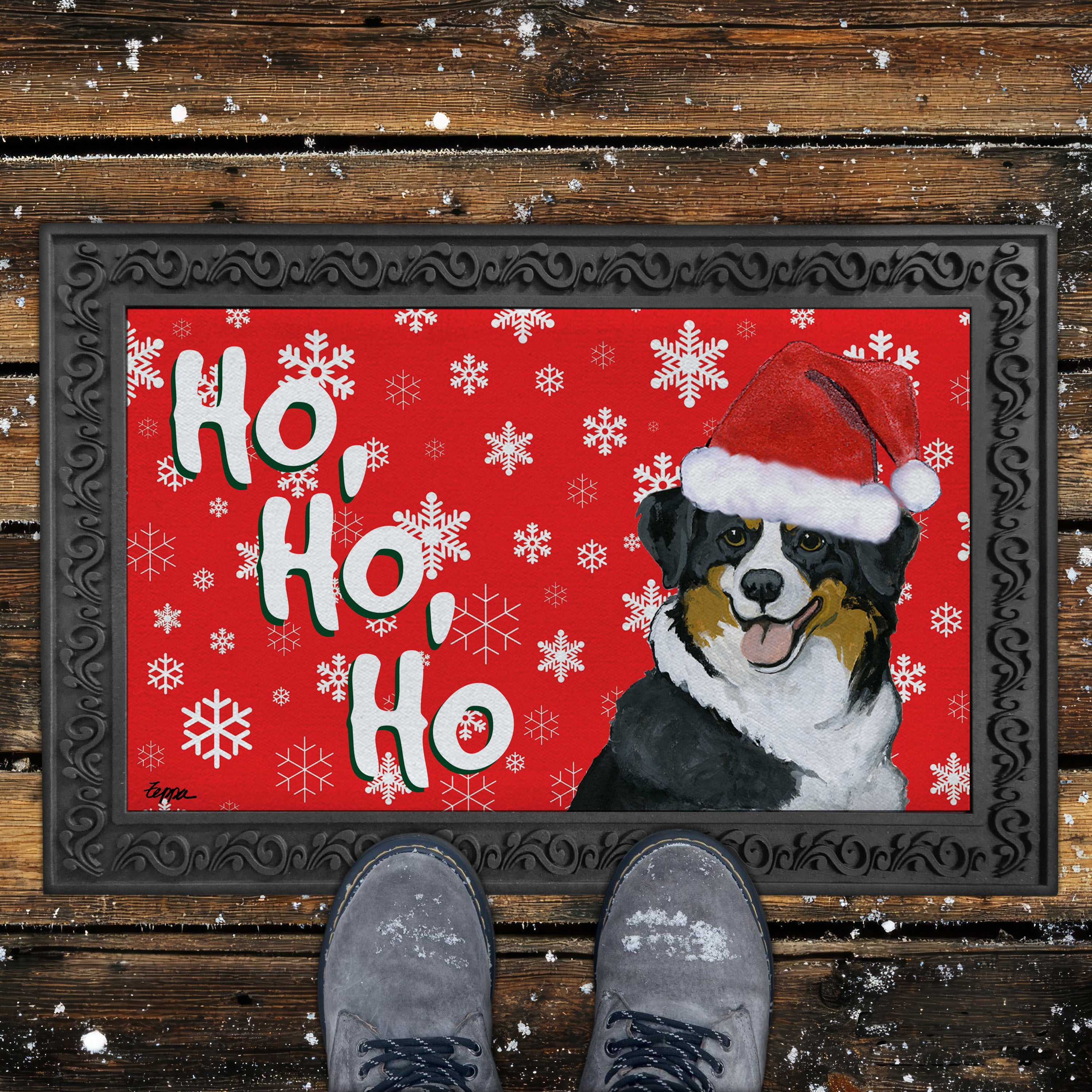 Black Tri Australian Shephered Ho Ho Ho Door Mat in Red