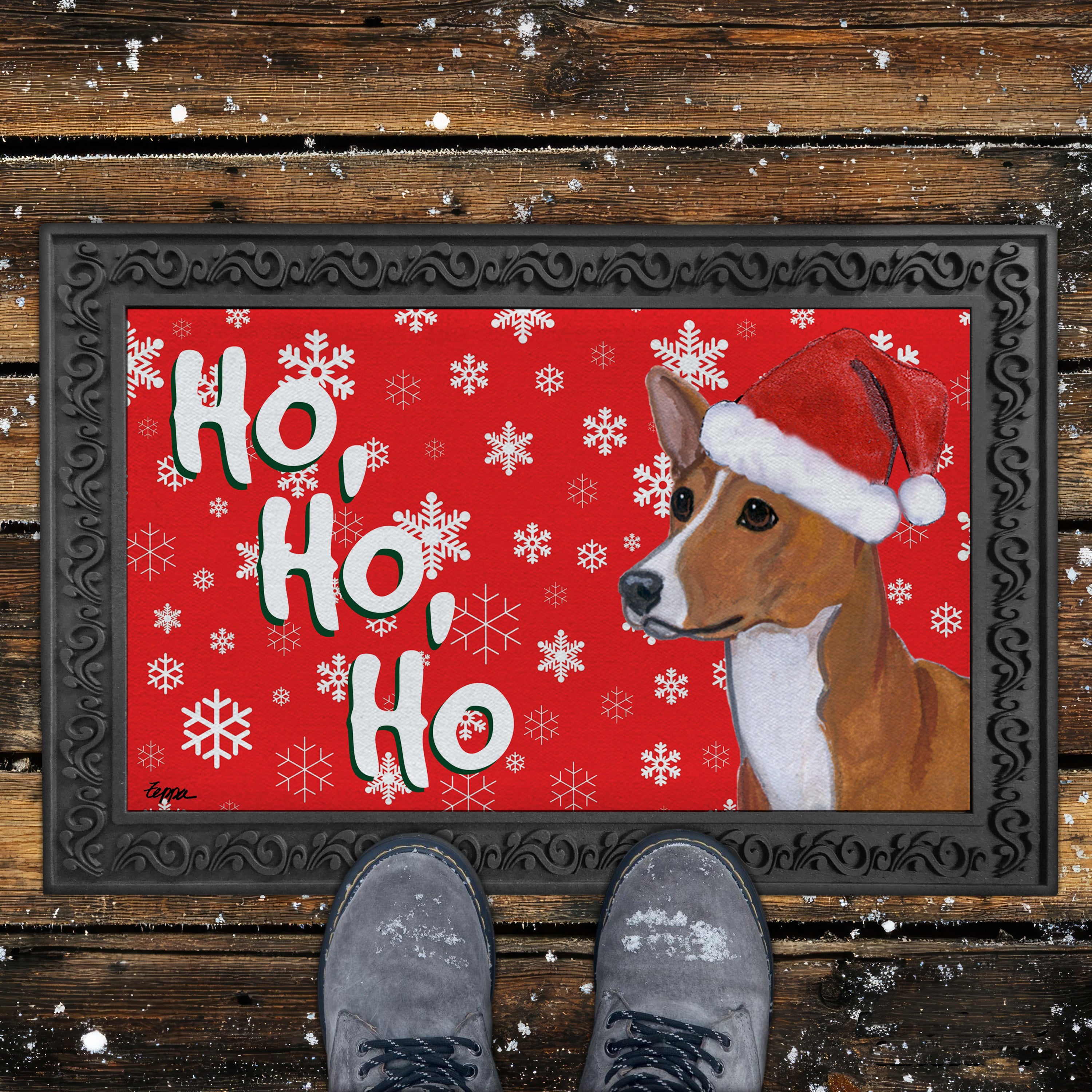 Basenji Ho Ho Ho Door Mat in Red