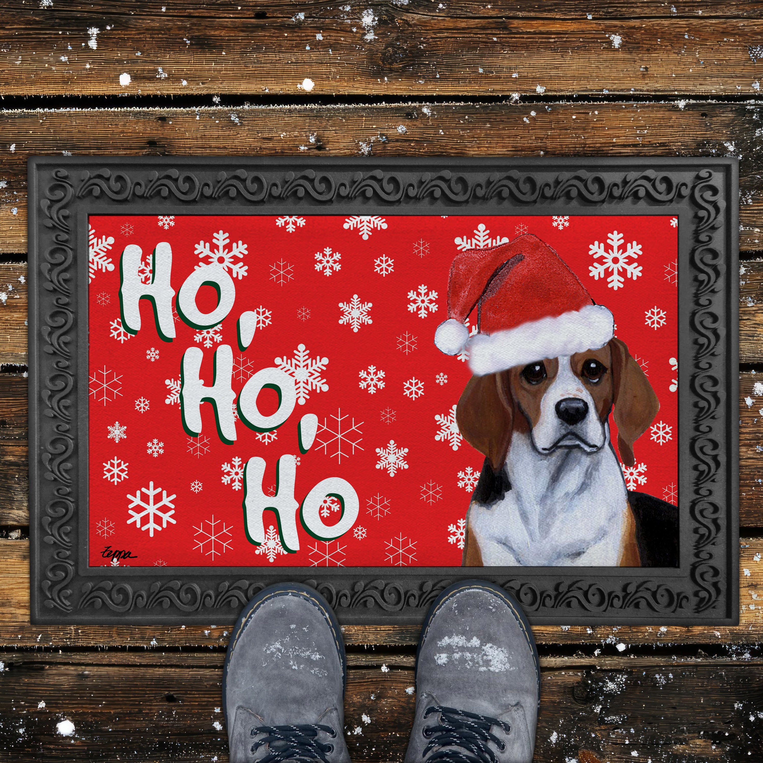Beagle Ho Ho Ho Door Mat in Red