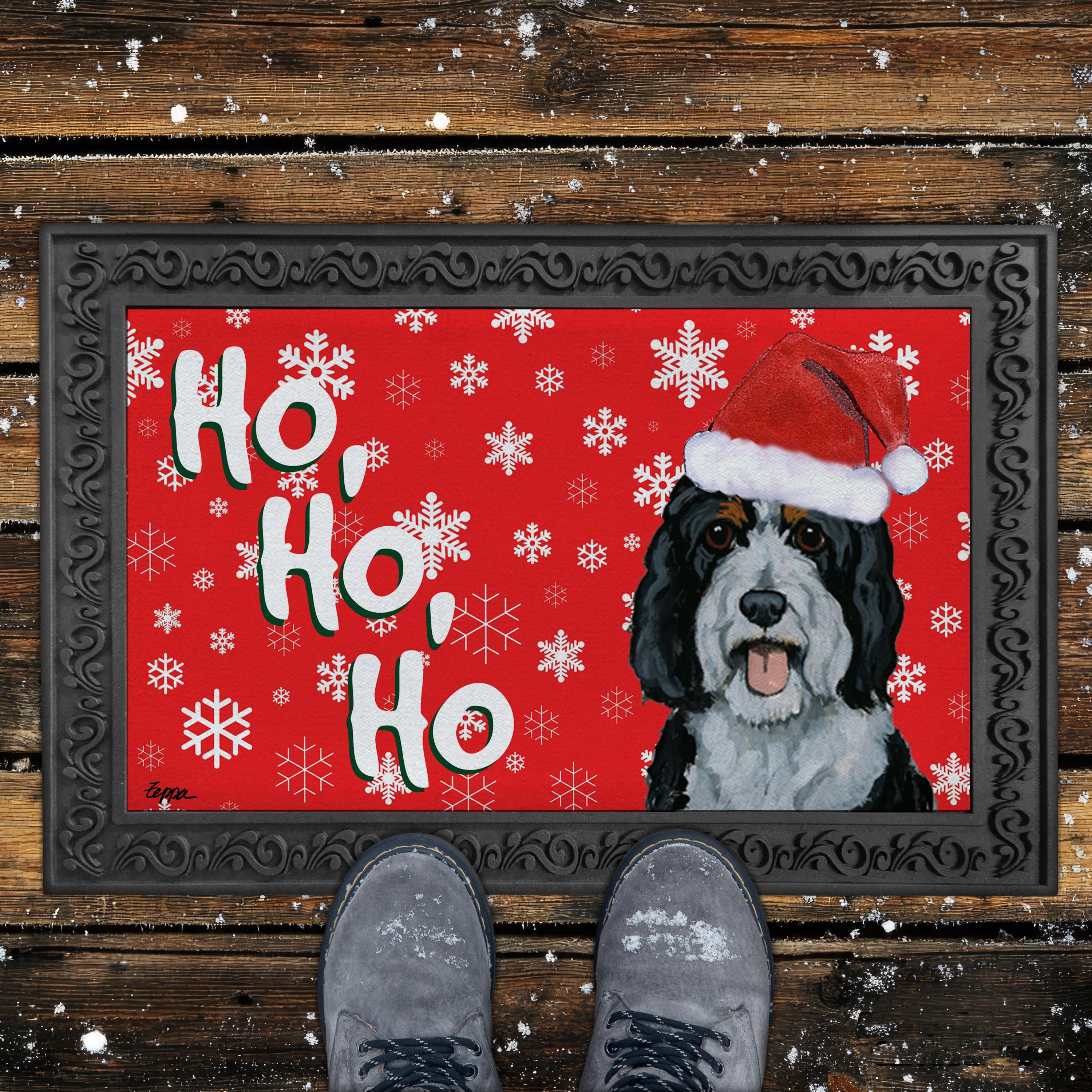 Bernedoodle Ho Ho Ho Door Mat in Red