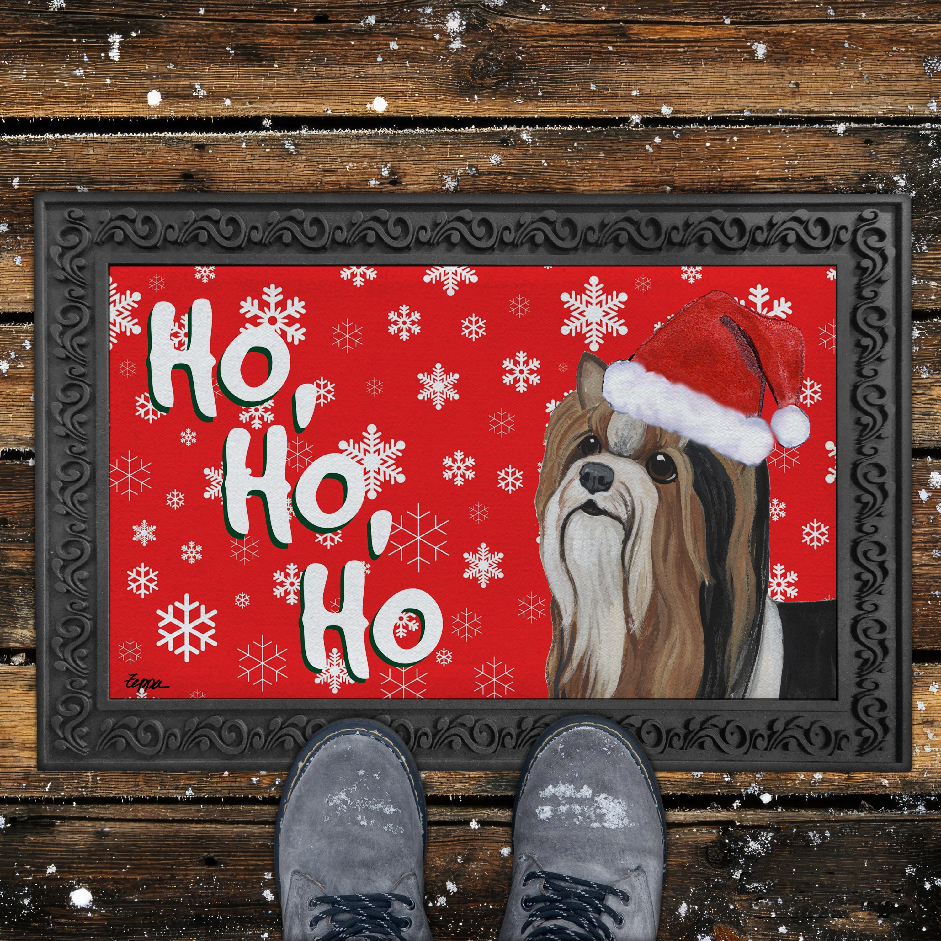Biewer Terrier Ho Ho Ho Door Mat in Red