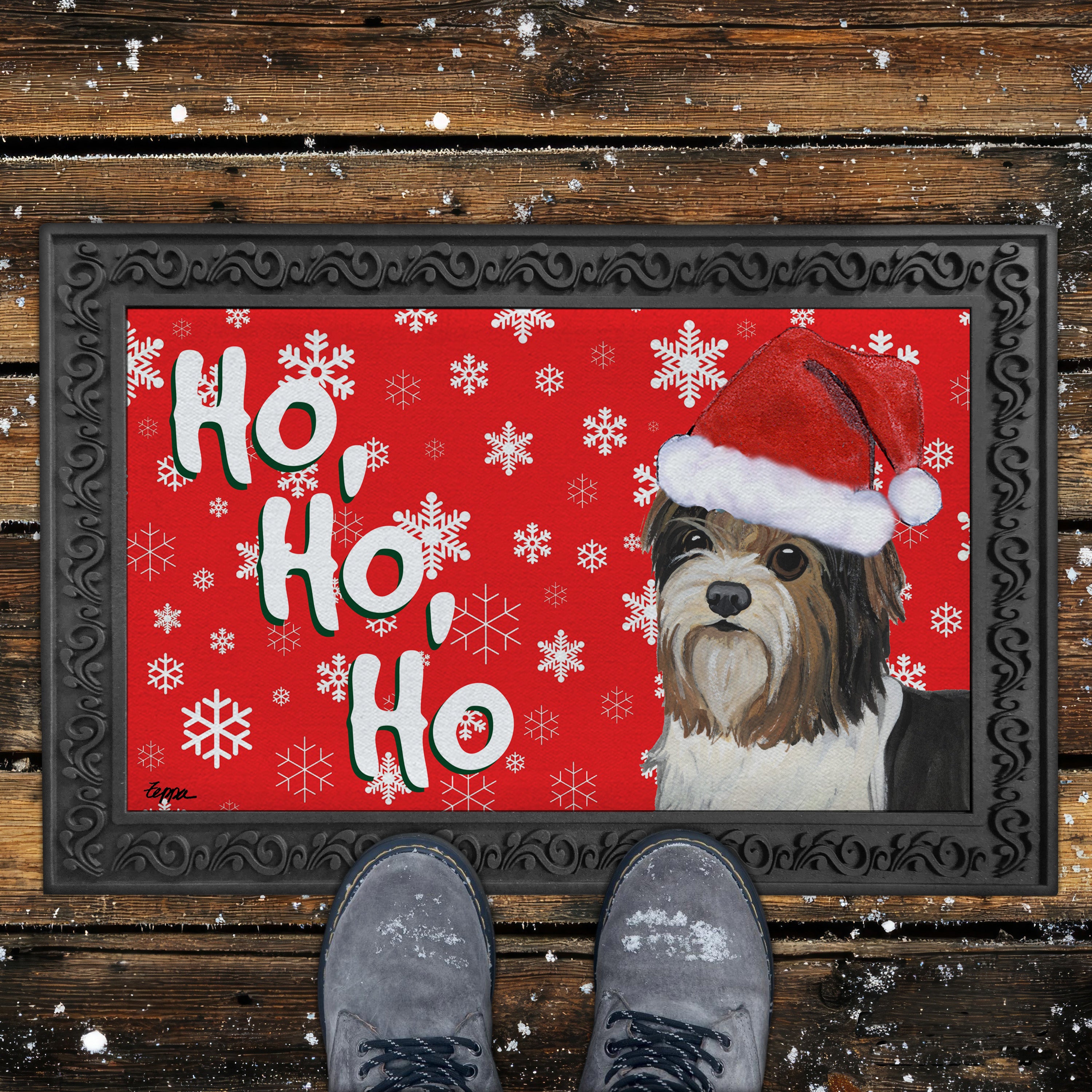 Puppy Clip Biewer Terrier Ho Ho Ho Door Mat in Red
